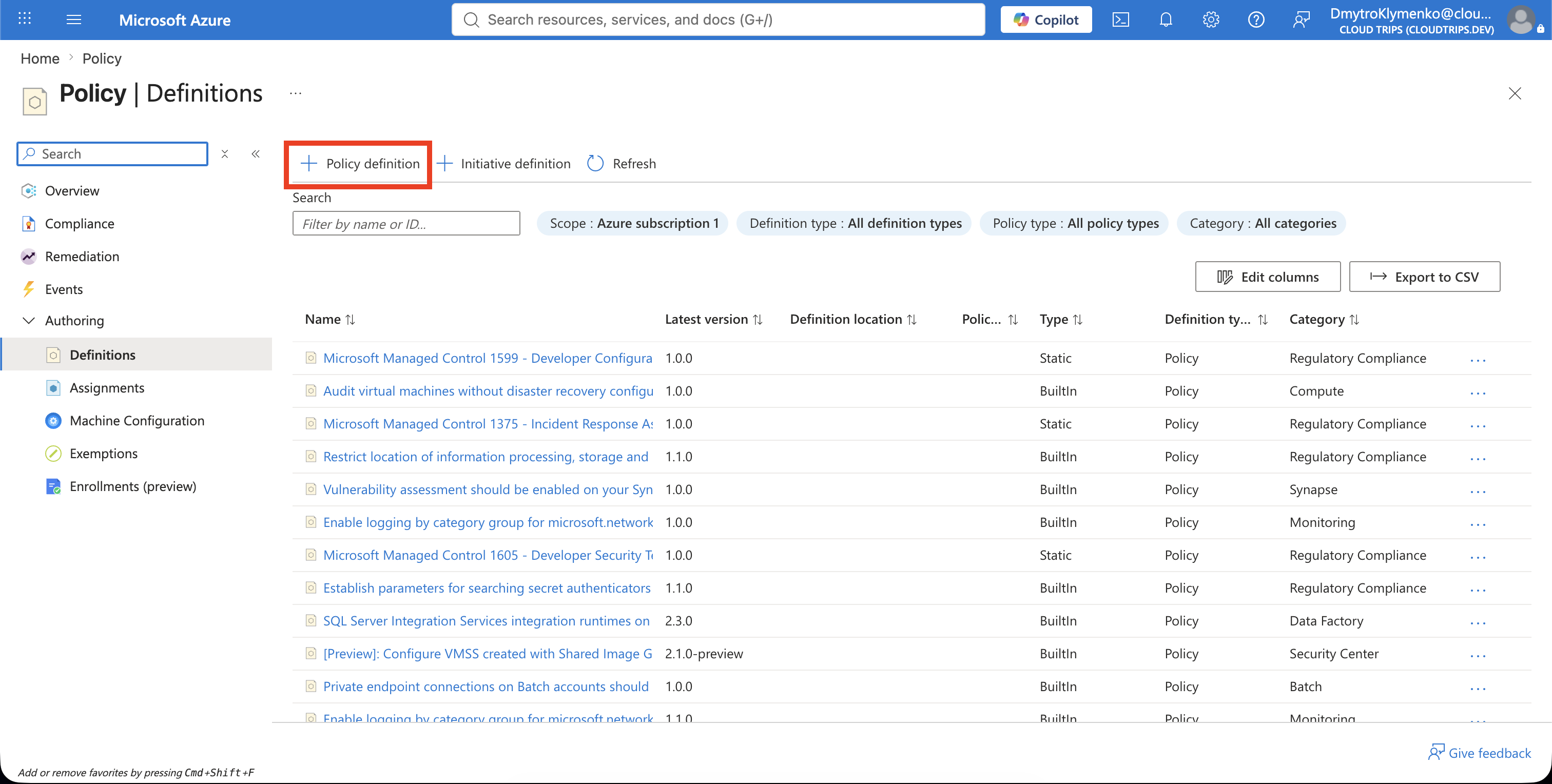 Azure Policy Definitions page with Policy definition selected