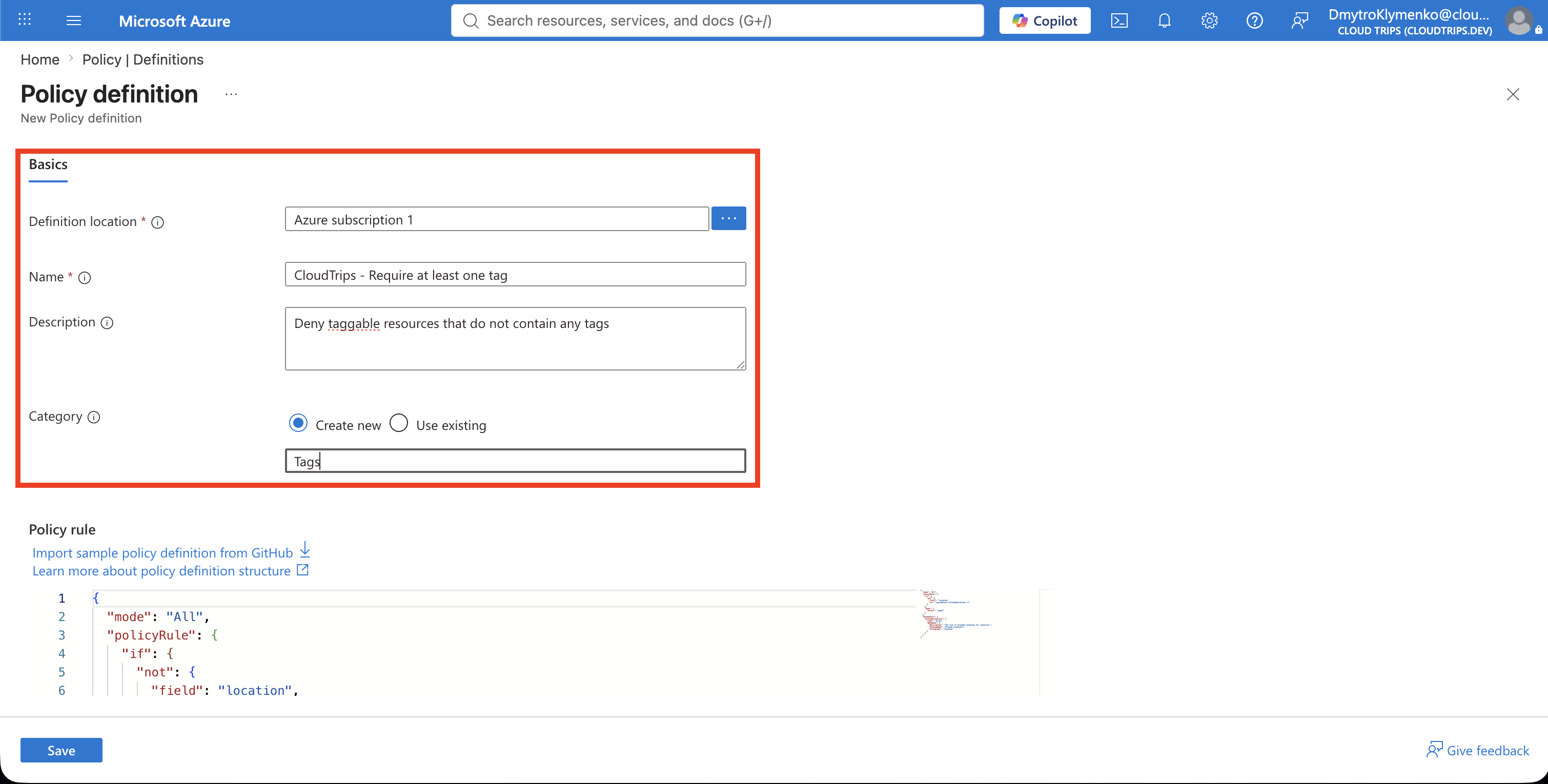 Custom policy definition properties configured for Azure subscription 1