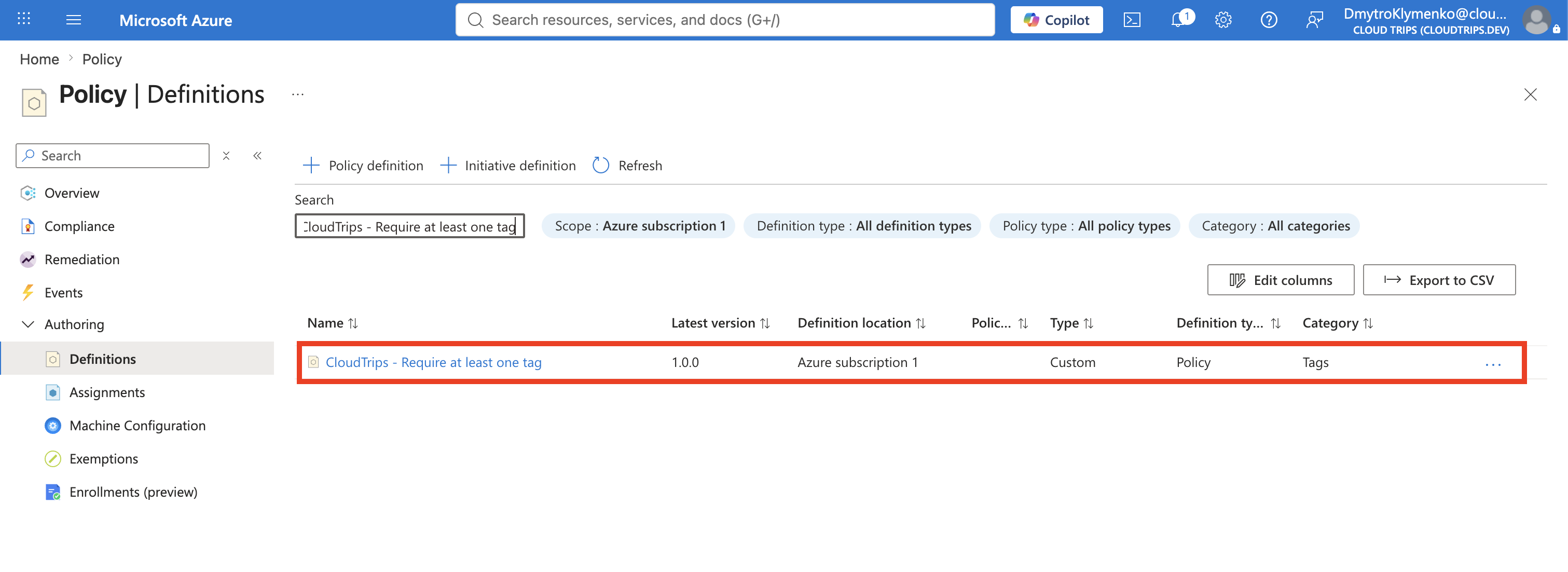 Saved CloudTrips custom policy definition shown in Azure Policy