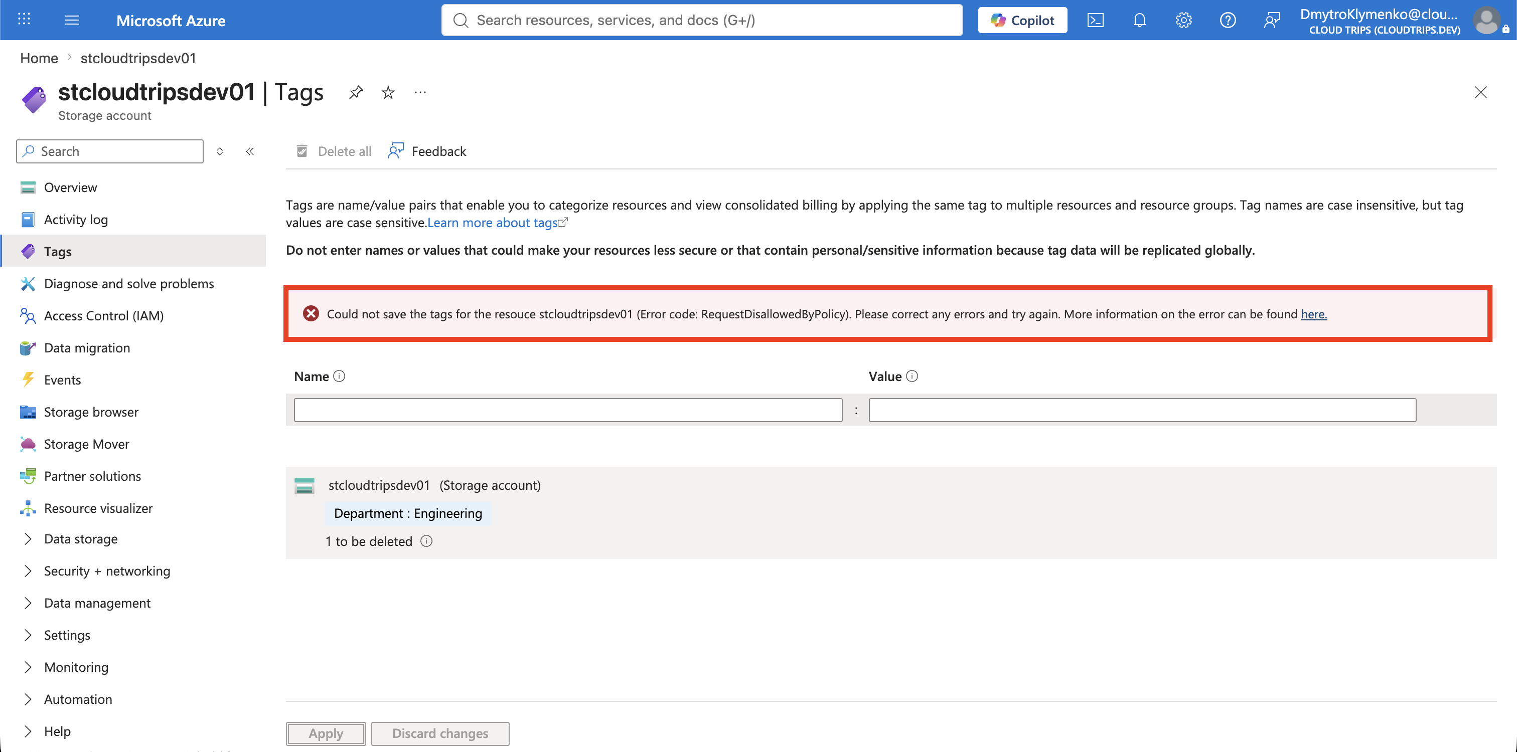 Storage account update denied after attempting to remove its final Department tag