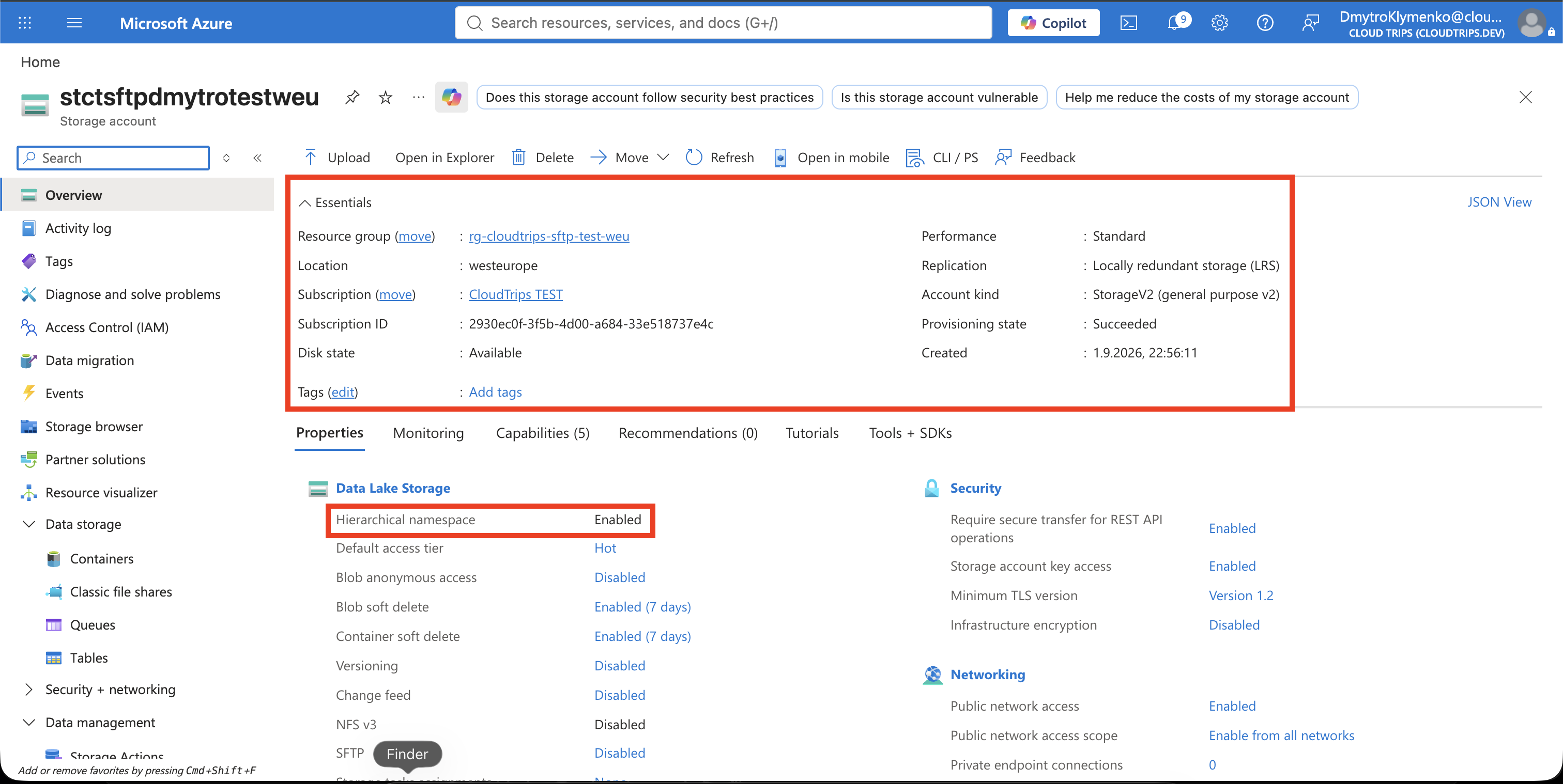 Storage account overview showing the Data Lake Storage Gen2 account with hierarchical namespace enabled