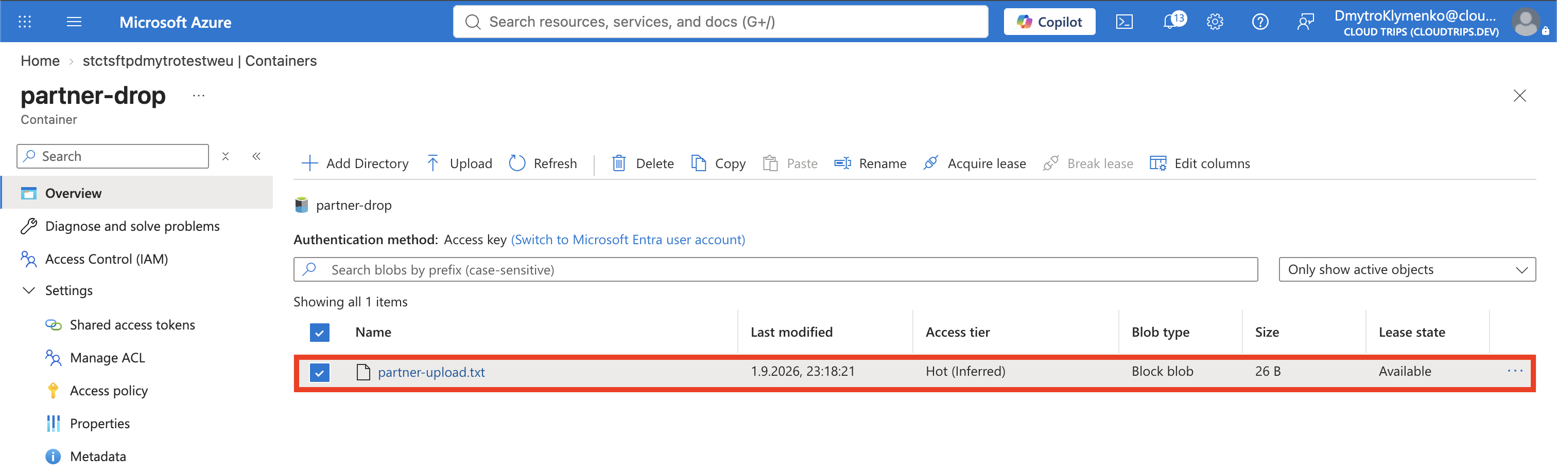 Private partner-drop file system showing partner-upload.txt uploaded through SFTP