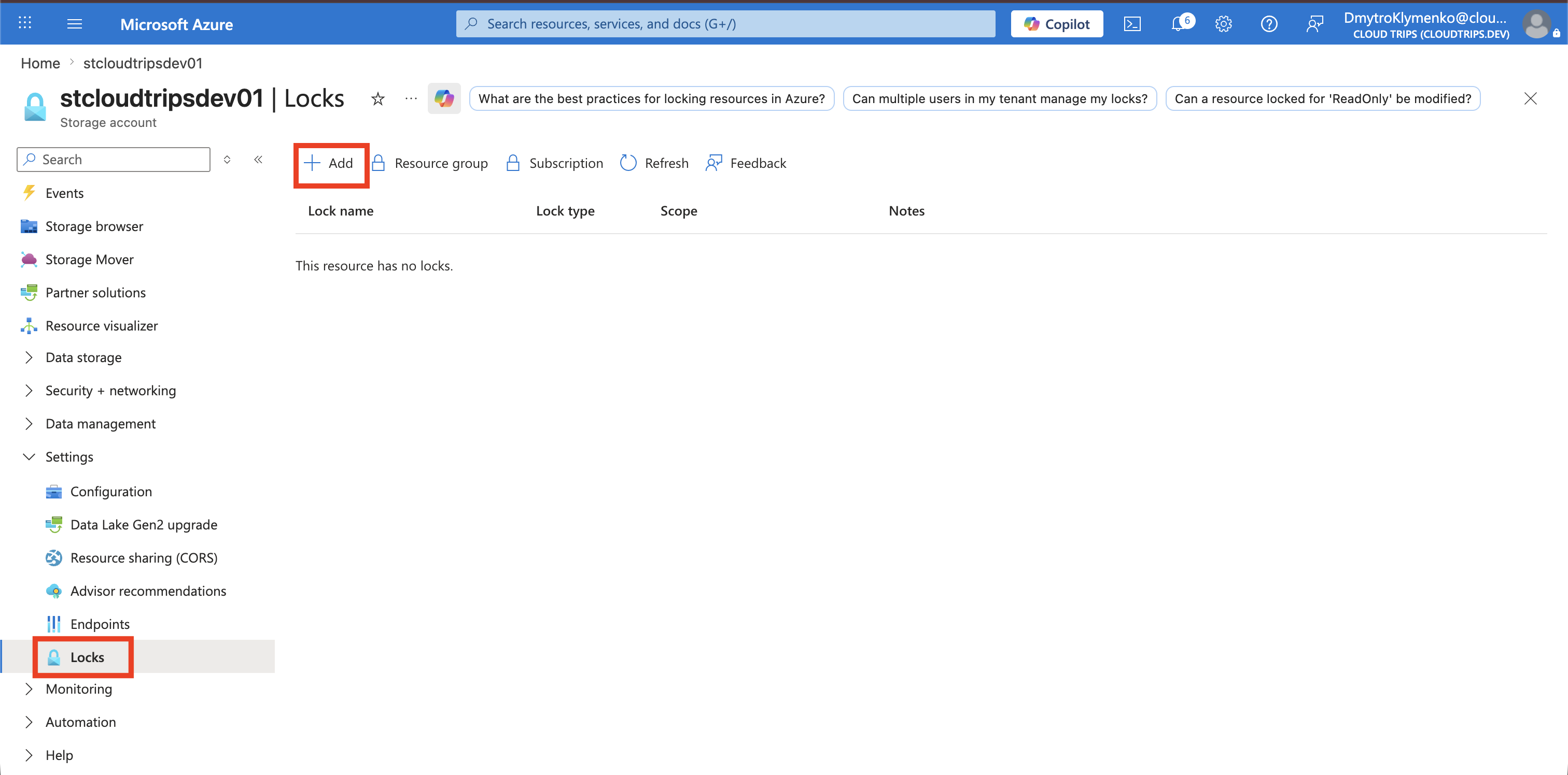 Storage account Locks page with the Add action visible