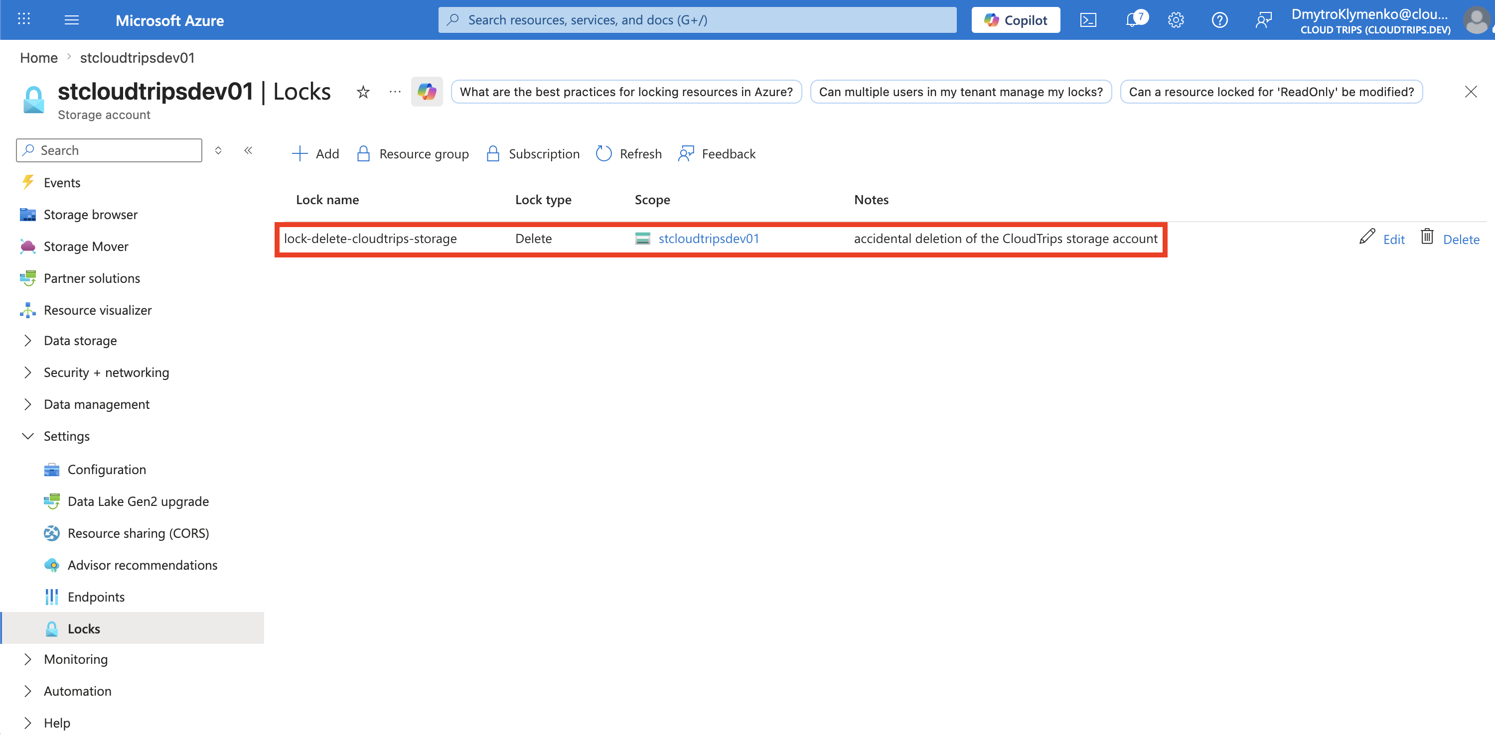 Storage account Locks page showing the active delete lock