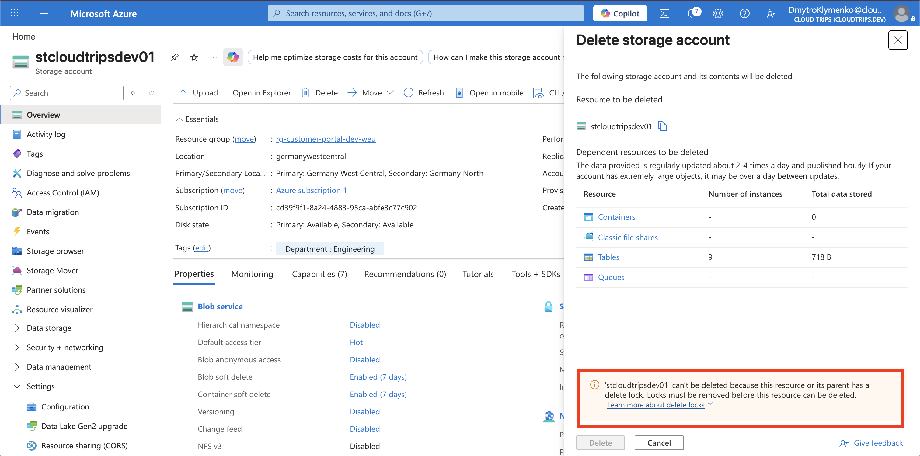 Azure message showing that deletion of the locked storage account is blocked