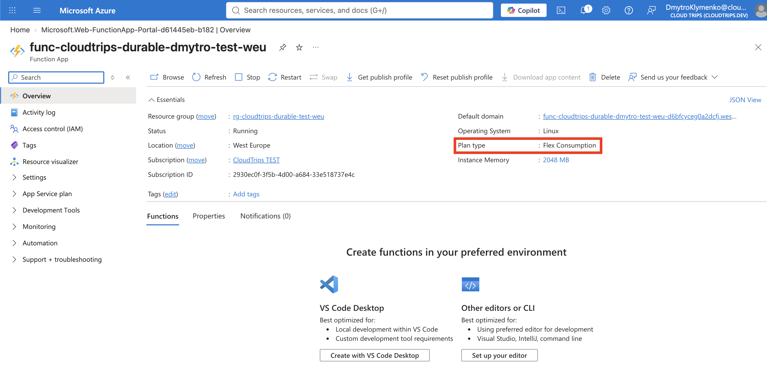 Create Function App page showing the standalone Durable Functions host on Flex Consumption