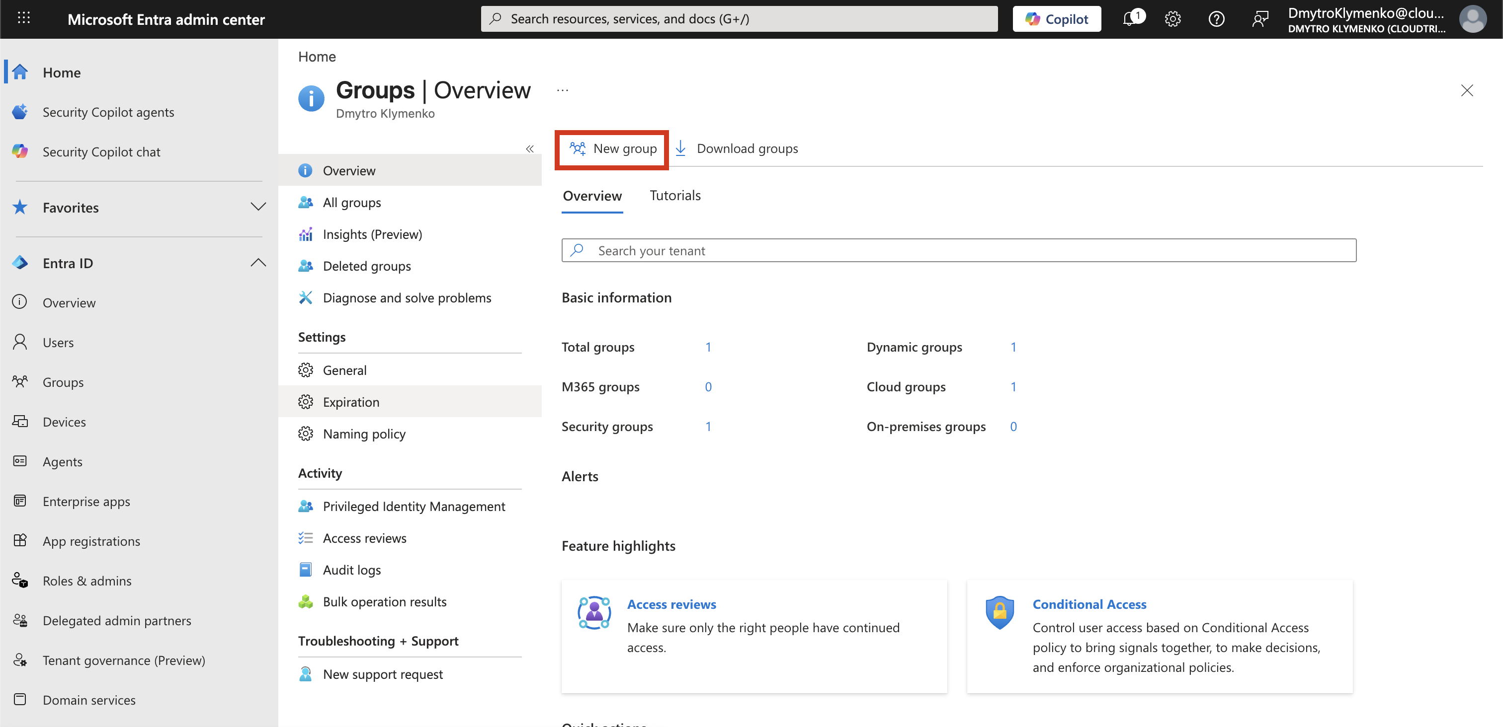Microsoft Entra Groups-Übersichtsseite mit vorhandenen Gruppen und New group-Button