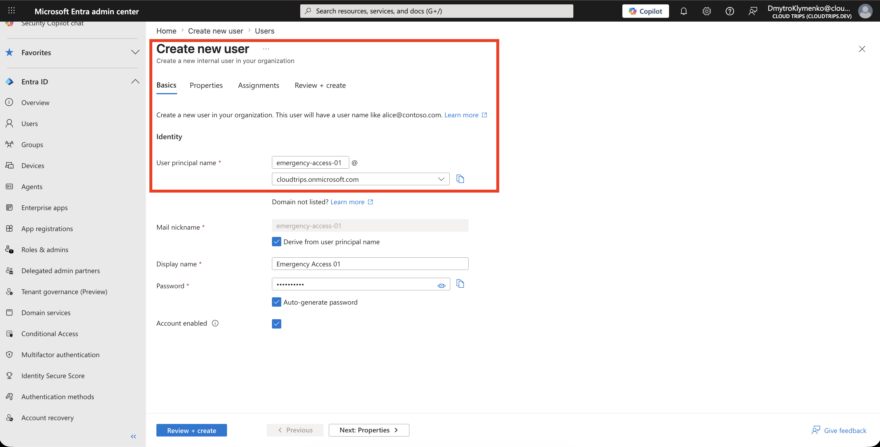 Create new emergency access user with onmicrosoft.com user principal name