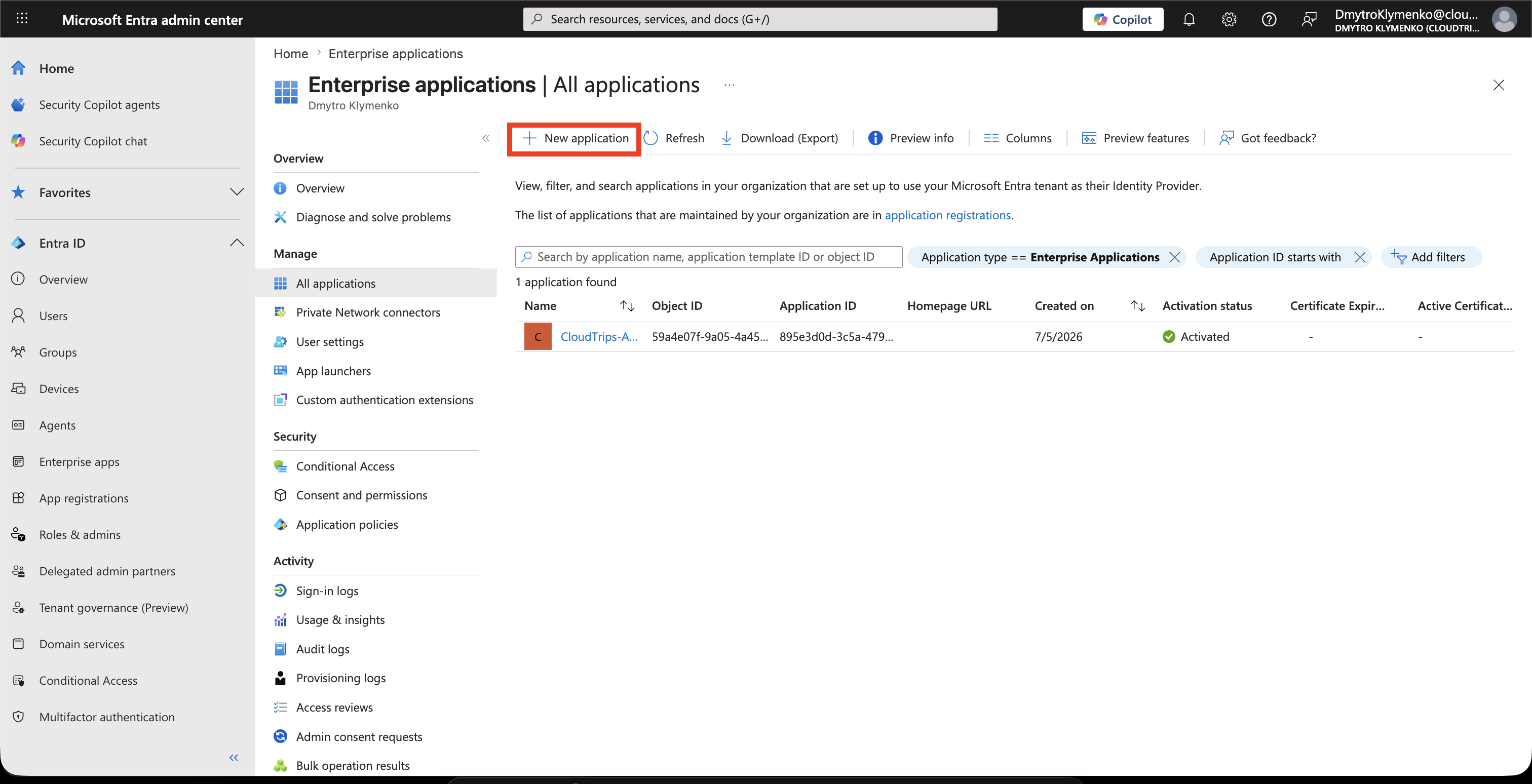 Microsoft Entra Enterprise Applications Seite mit New application