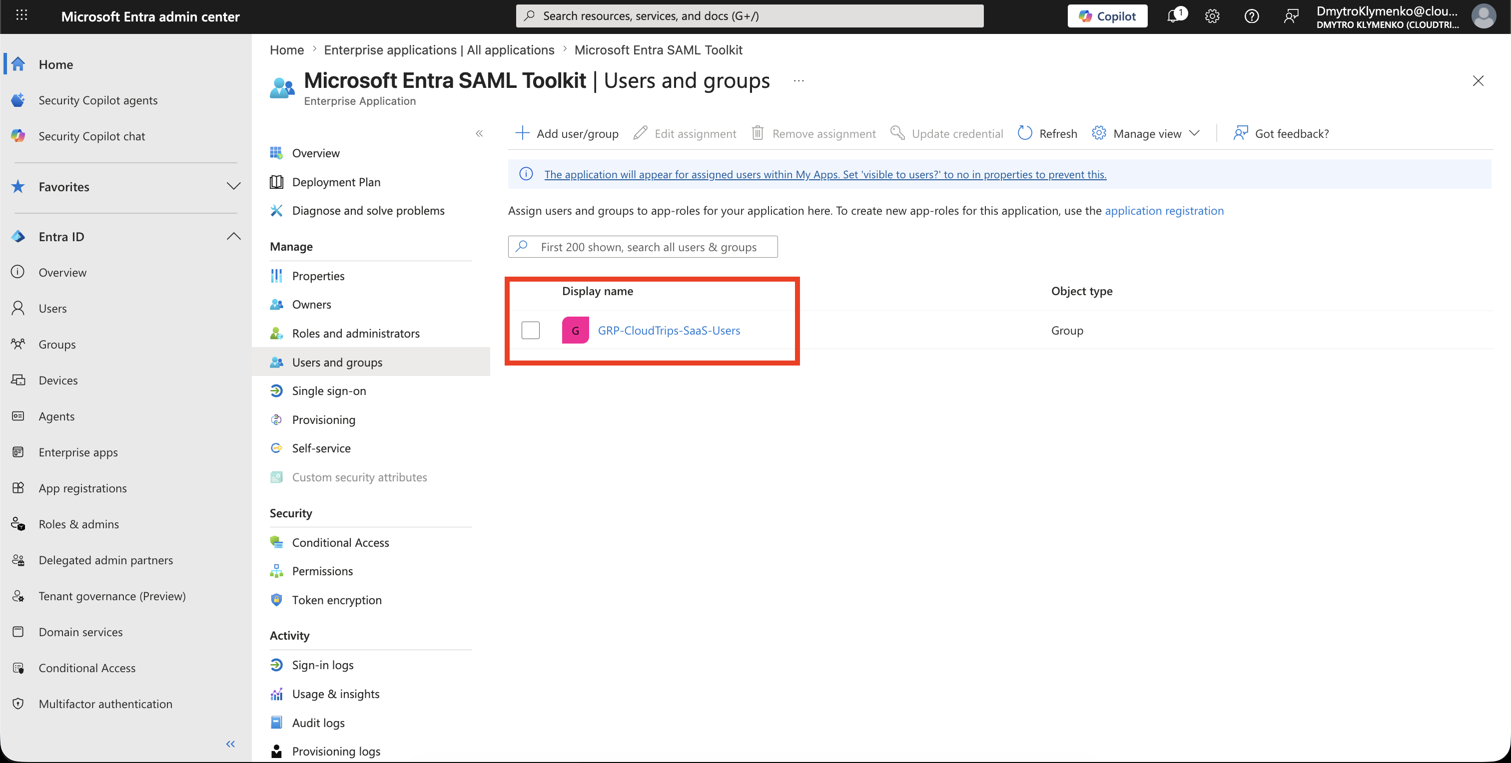 Enterprise Application Users and Groups Seite mit zugewiesenem Benutzer oder Gruppe