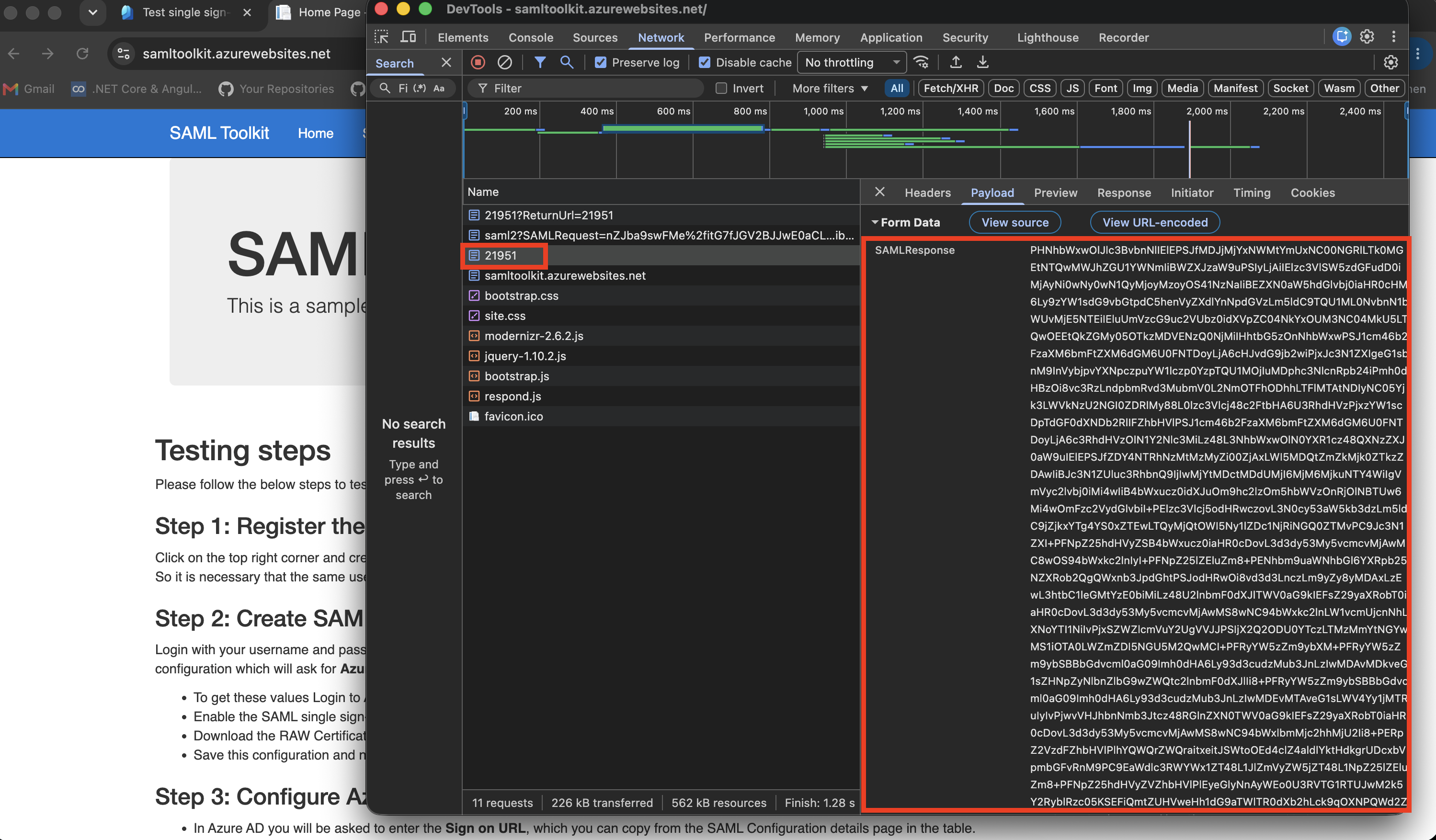 SAML Toolkit erfolgreicher SSO-Test mit angemeldetem Entra-Benutzer oder SAML Response Details