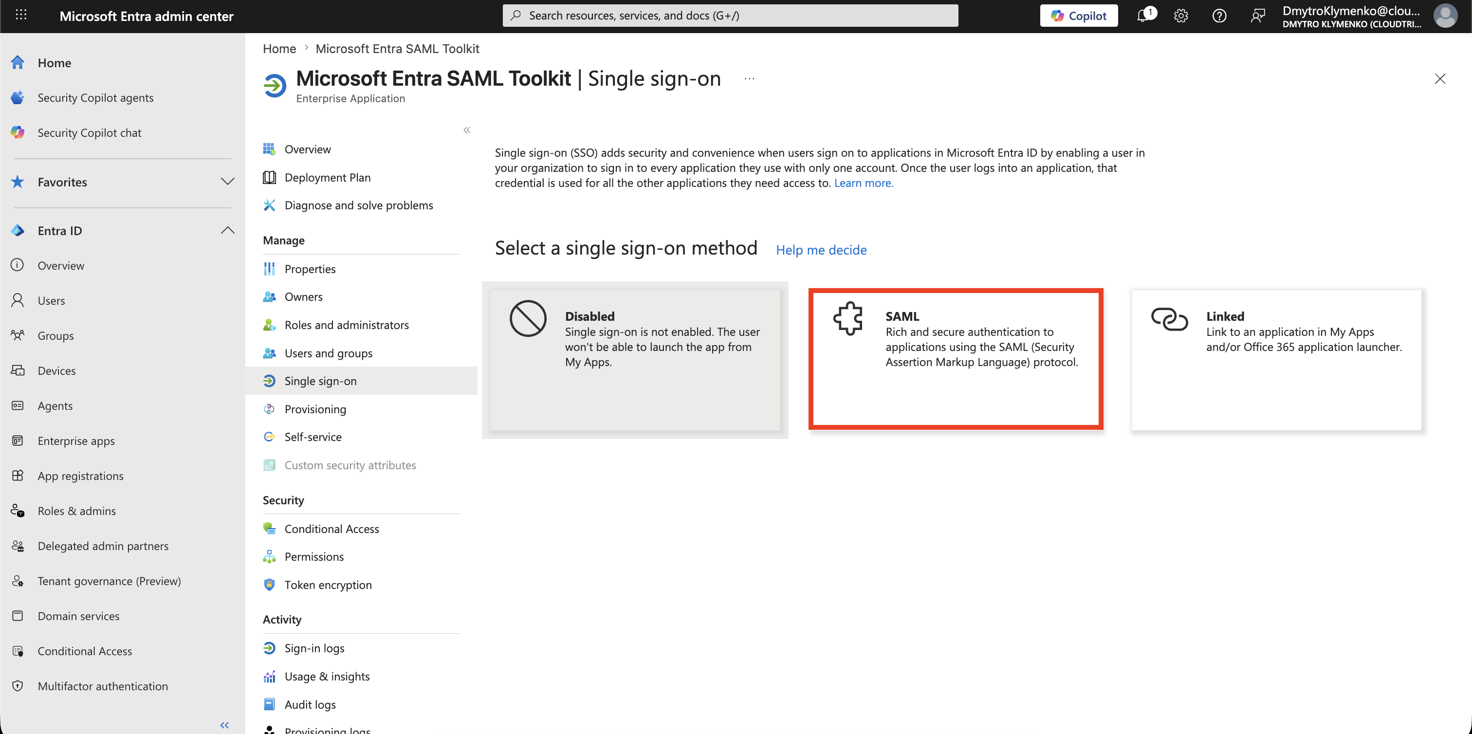 Enterprise Application Single Sign-On Seite mit ausgewaehltem SAML