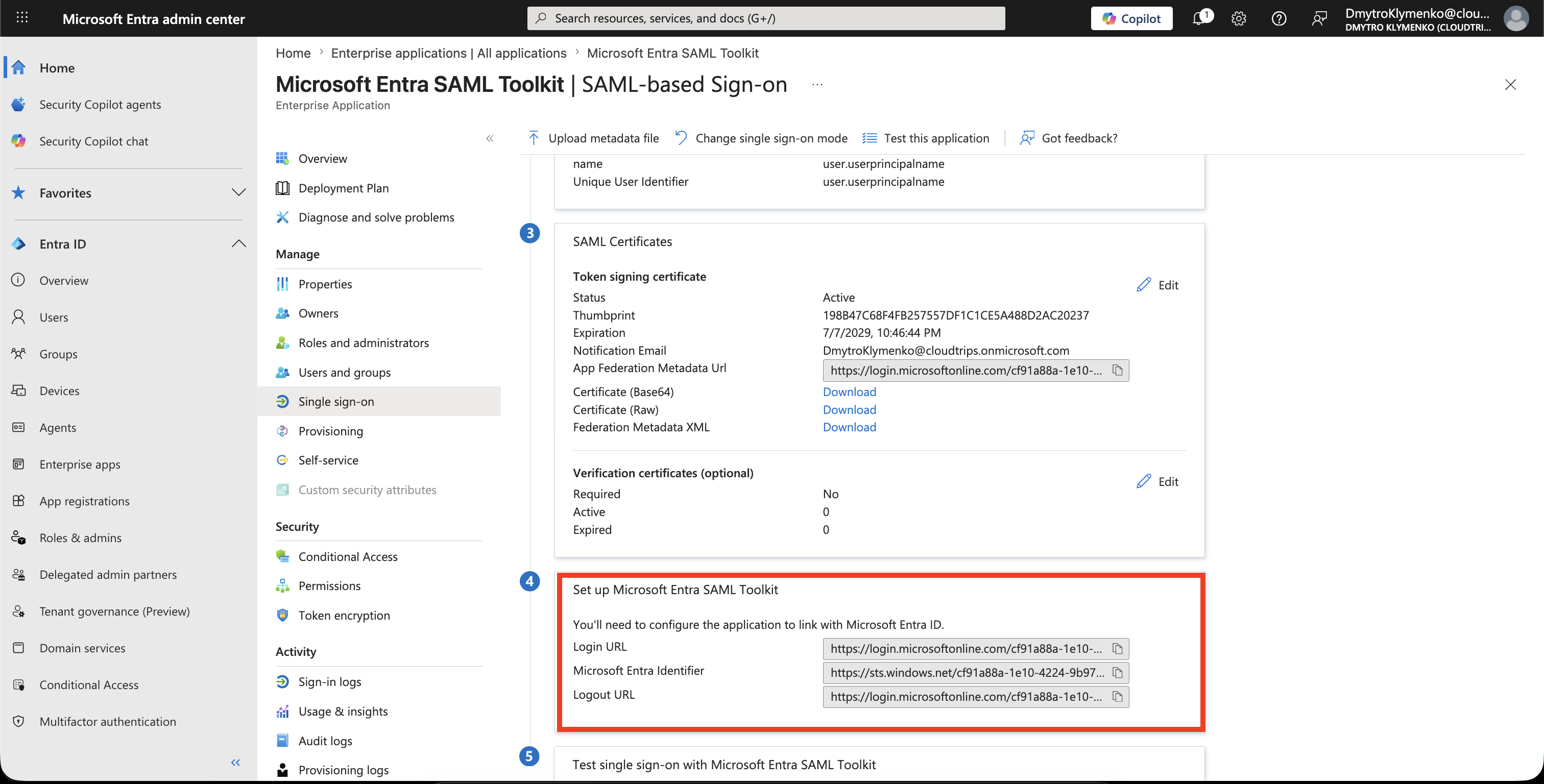 SAML Setup Werte mit Login URL, Entra Identifier, Logout URL und Certificate Download