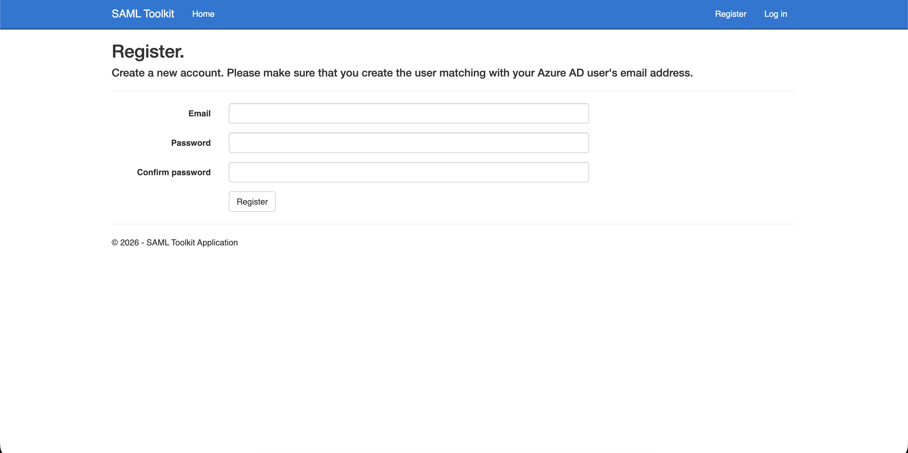 SAML Toolkit Registrierungsseite mit Benutzerkonto passend zur Entra-Benutzer-E-Mail