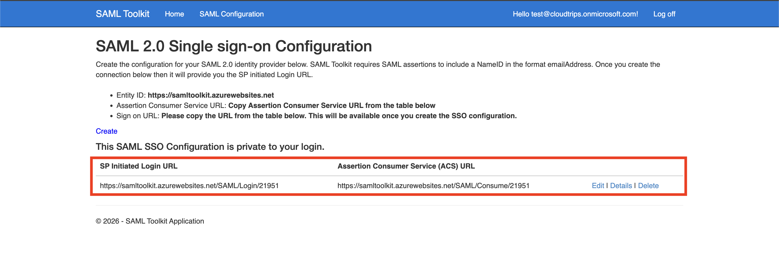 SAML Toolkit Konfigurationsseite mit Entra Login URL, Identifier, Logout URL und Raw Certificate Feldern