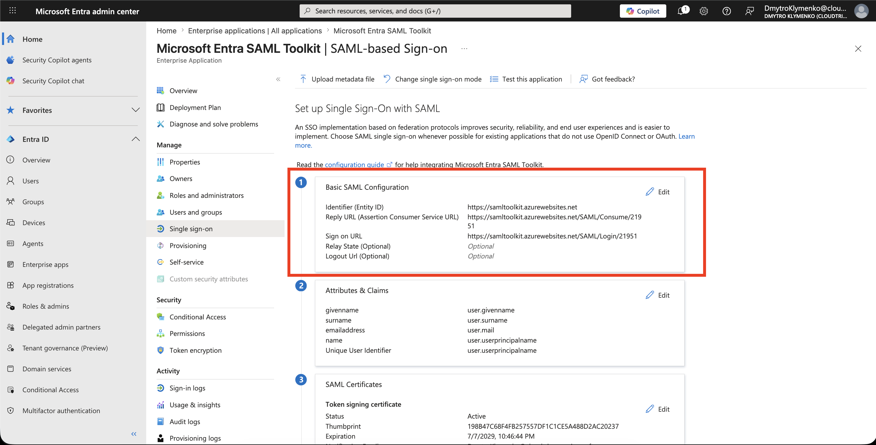 Basic SAML Configuration mit Toolkit Entity ID, ACS URL und SP initiated SSO URL