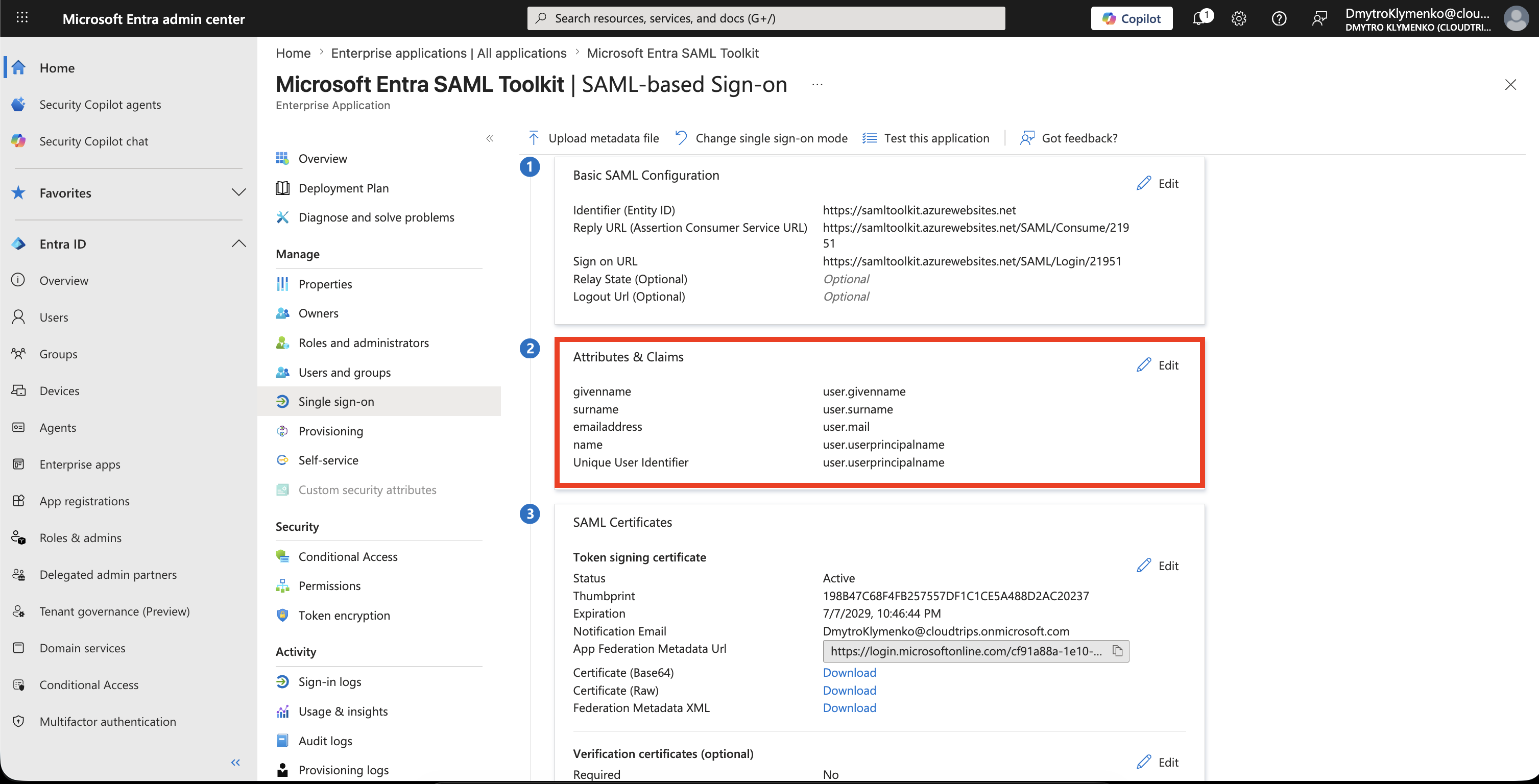 SAML Attributes and Claims Seite mit Name ID und User Claims