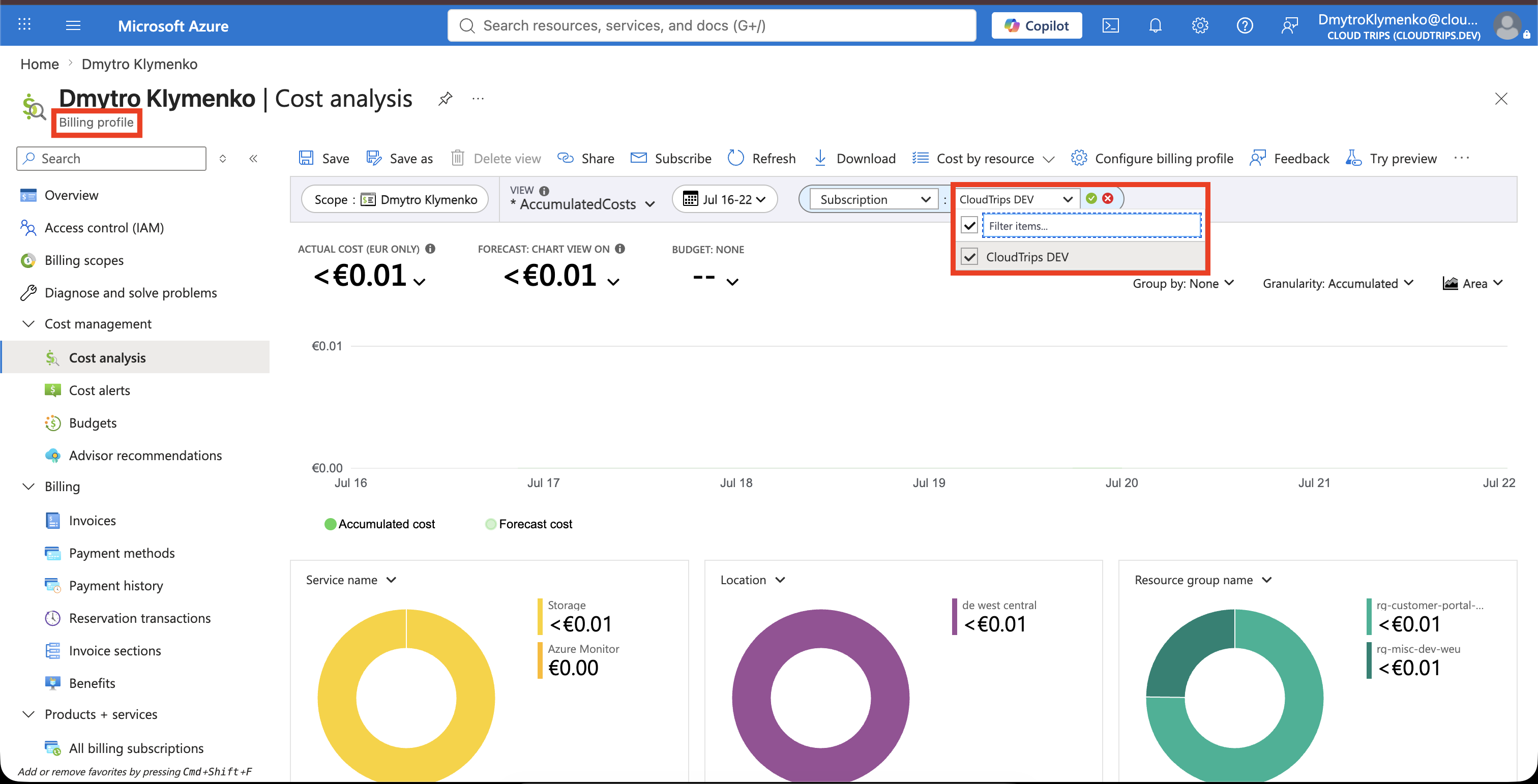 Cost Analysis opened at the CloudTrips billing profile with DEV selected while the new TEST subscription is not yet available