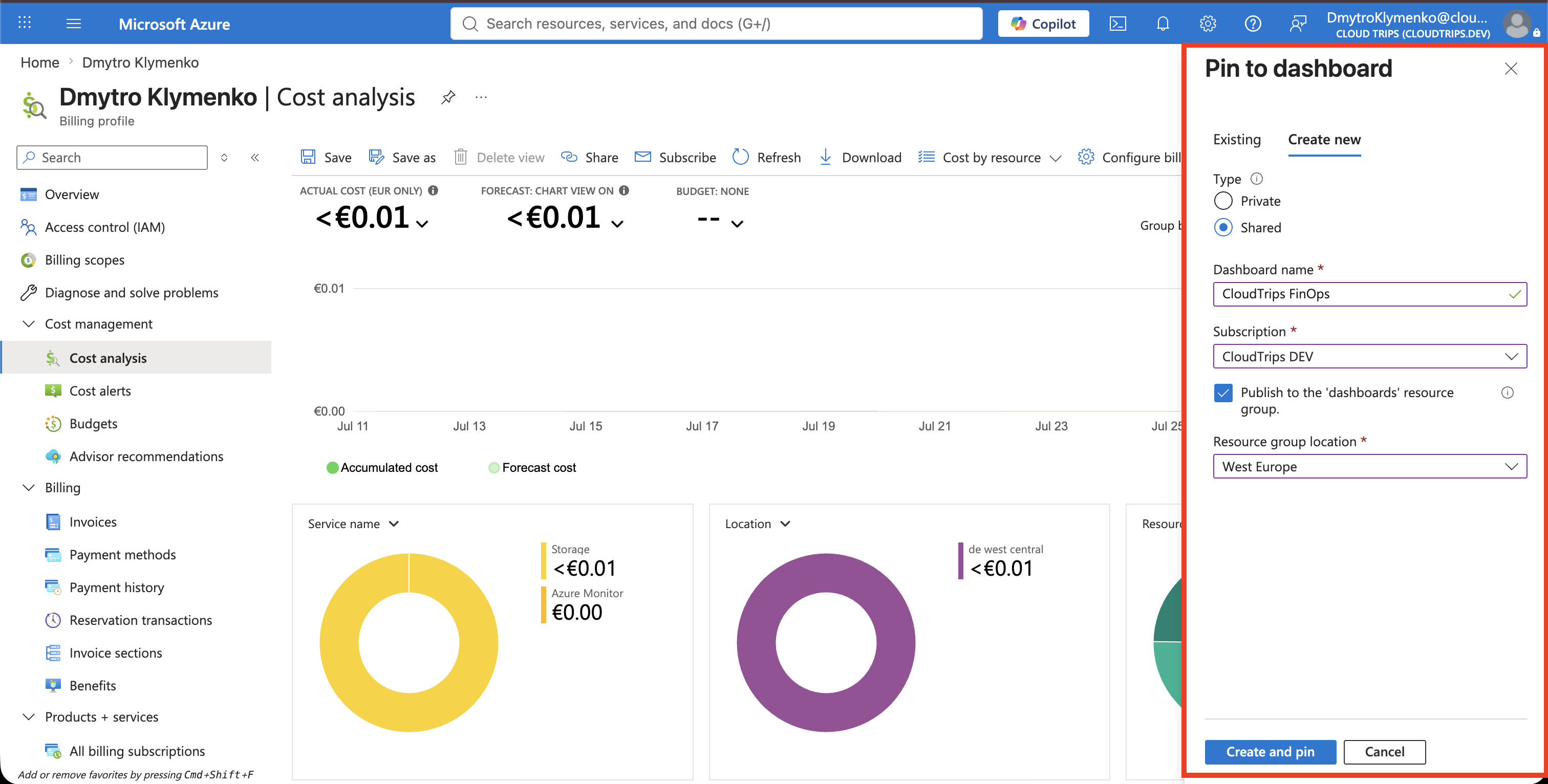 Accumulated costs for the current month currently filtered to CloudTrips DEV