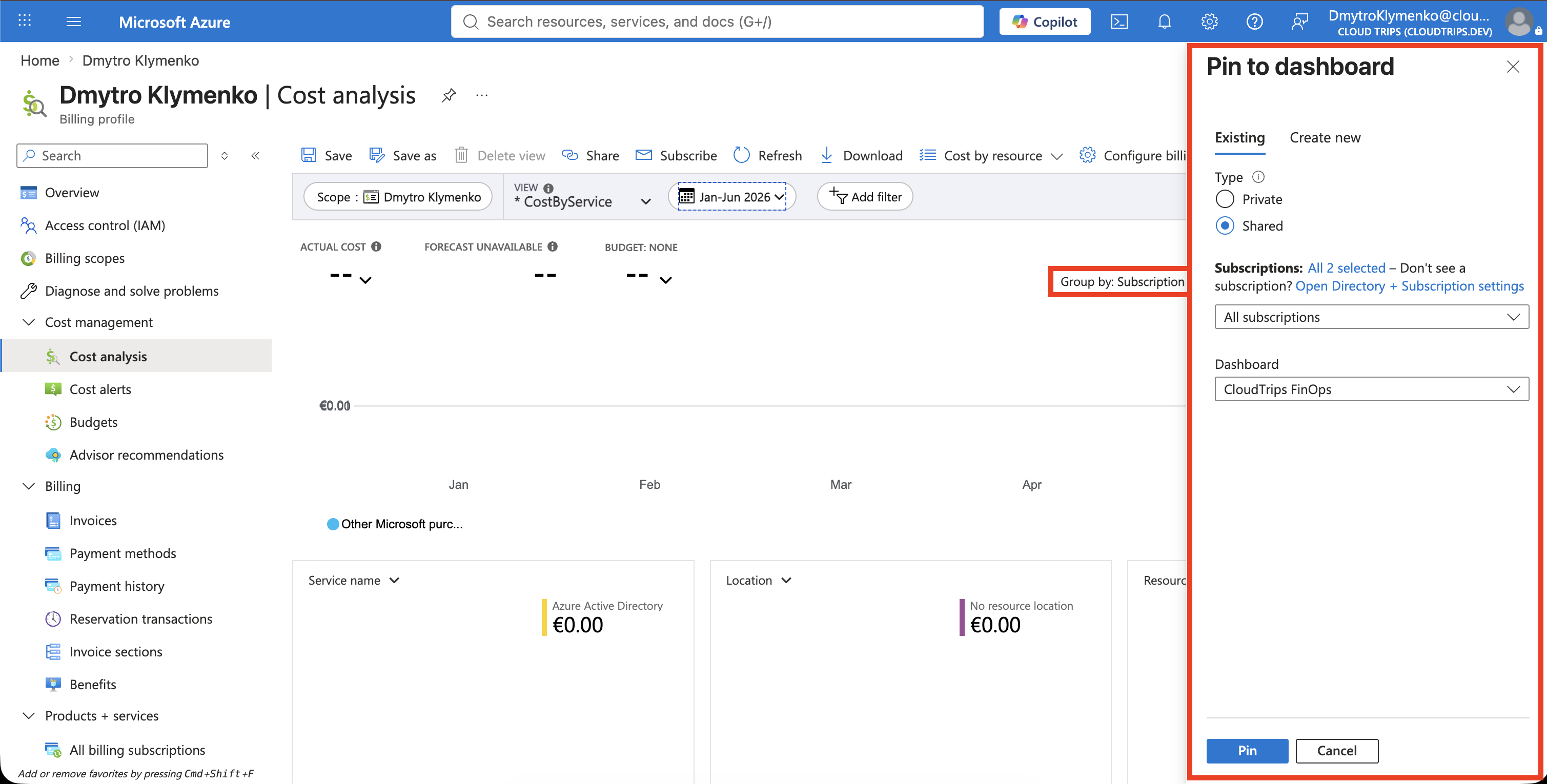 Customizable current-month cost view grouped by Azure service