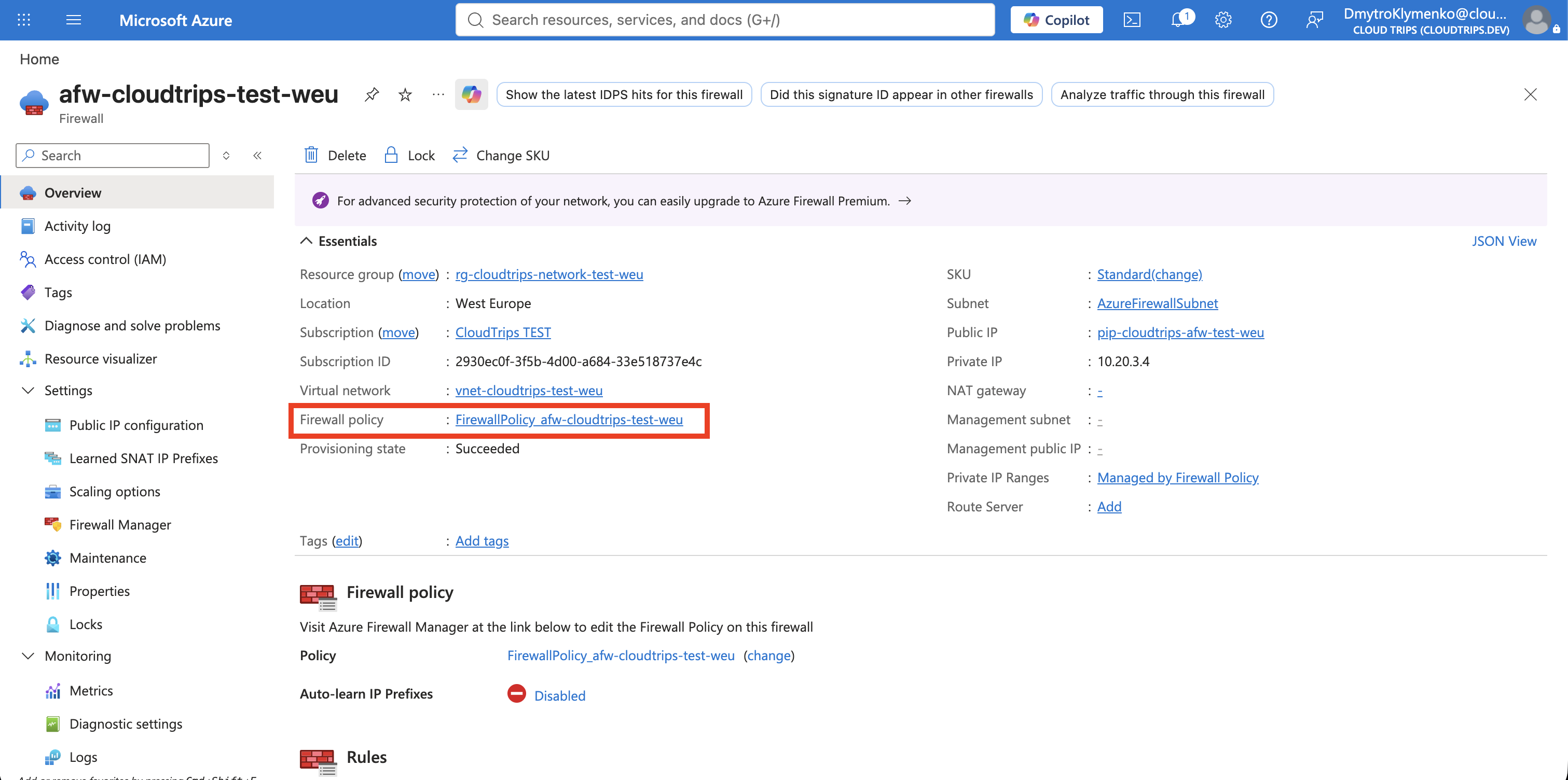 Azure-Firewall-Übersicht mit der migrierten Firewall Policy, die afw-cloudtrips-test-weu zugeordnet ist