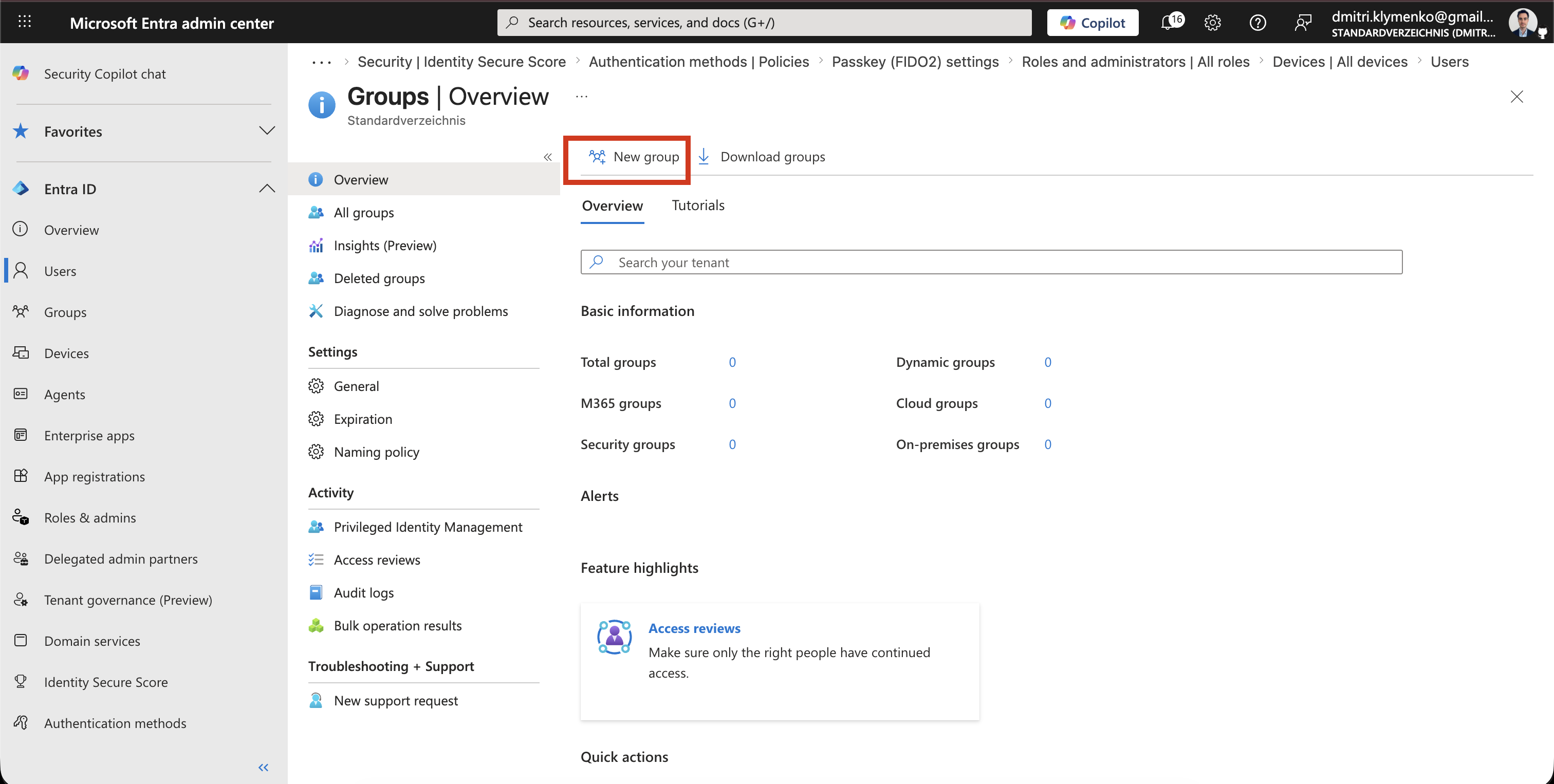 Microsoft Entra ID Groups overview page showing existing groups