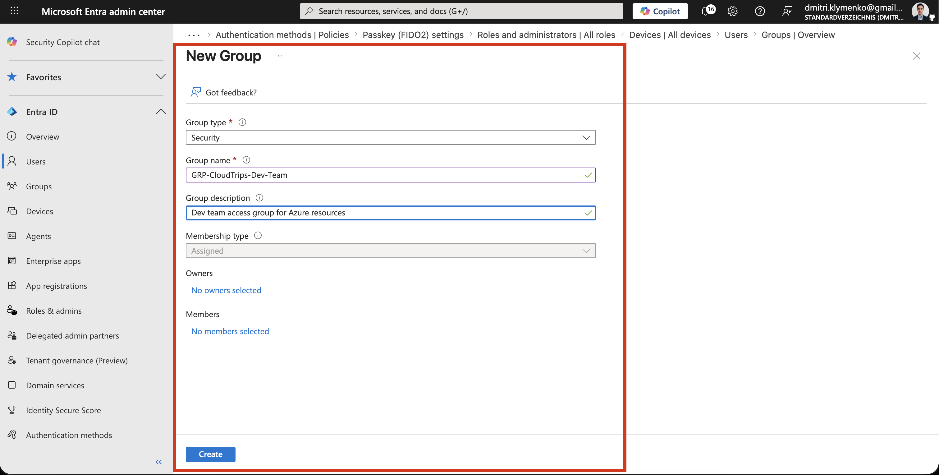 Microsoft Entra group creation screen with Security selected and group details filled in