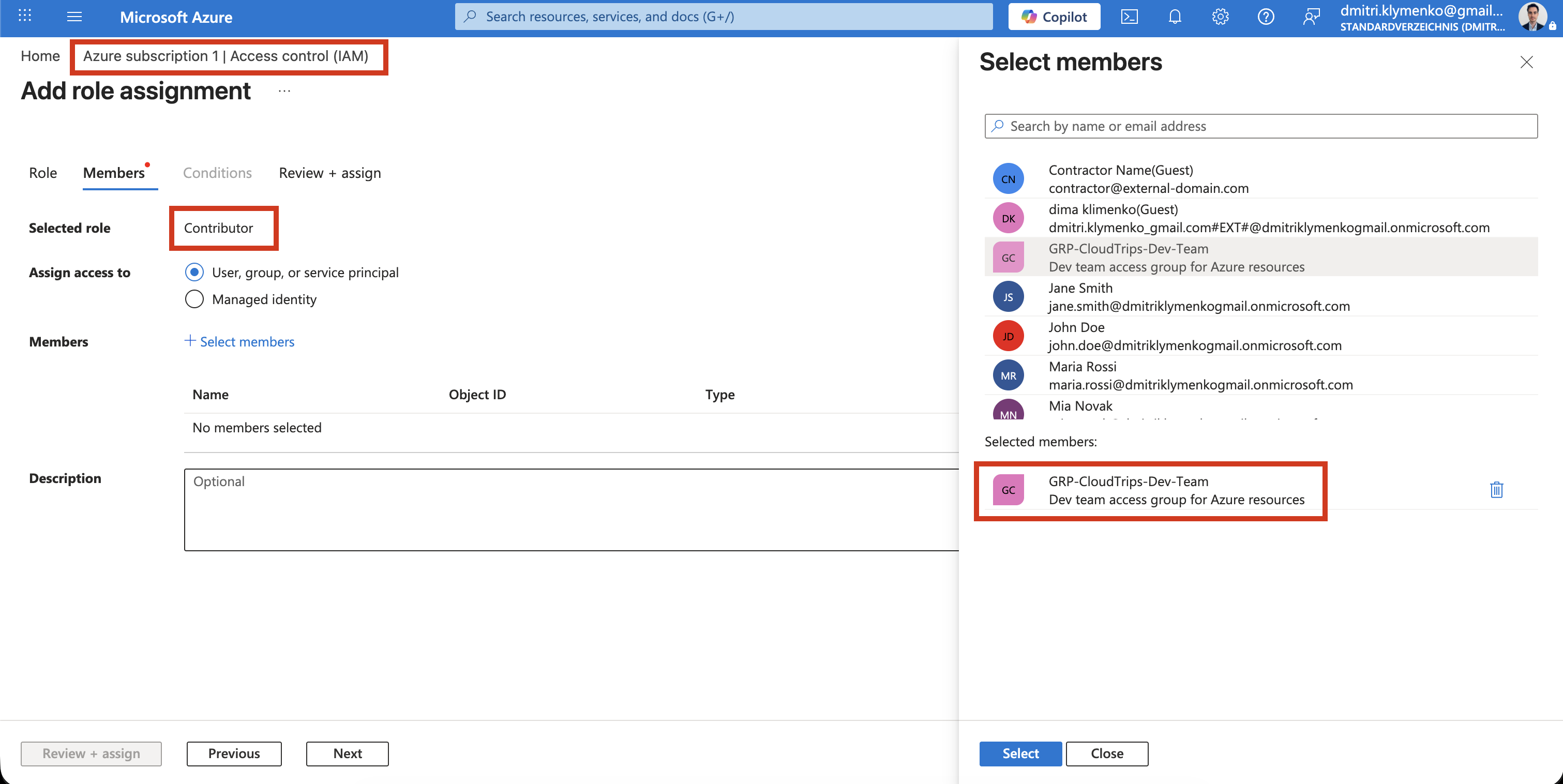 Azure IAM role assignment screen showing a security group assigned to Contributor role