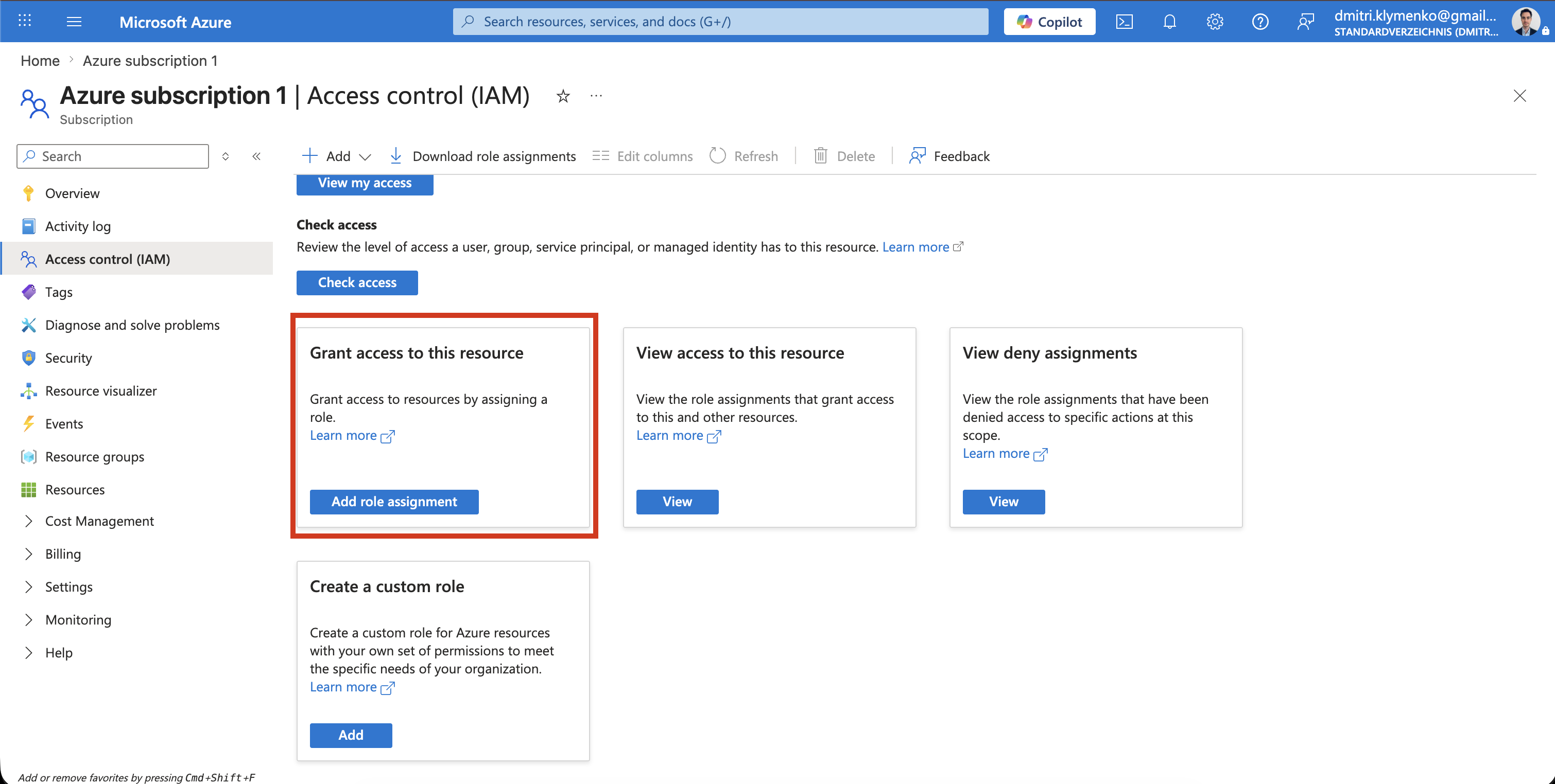 Azure subscription page showing Access control IAM and permission overview