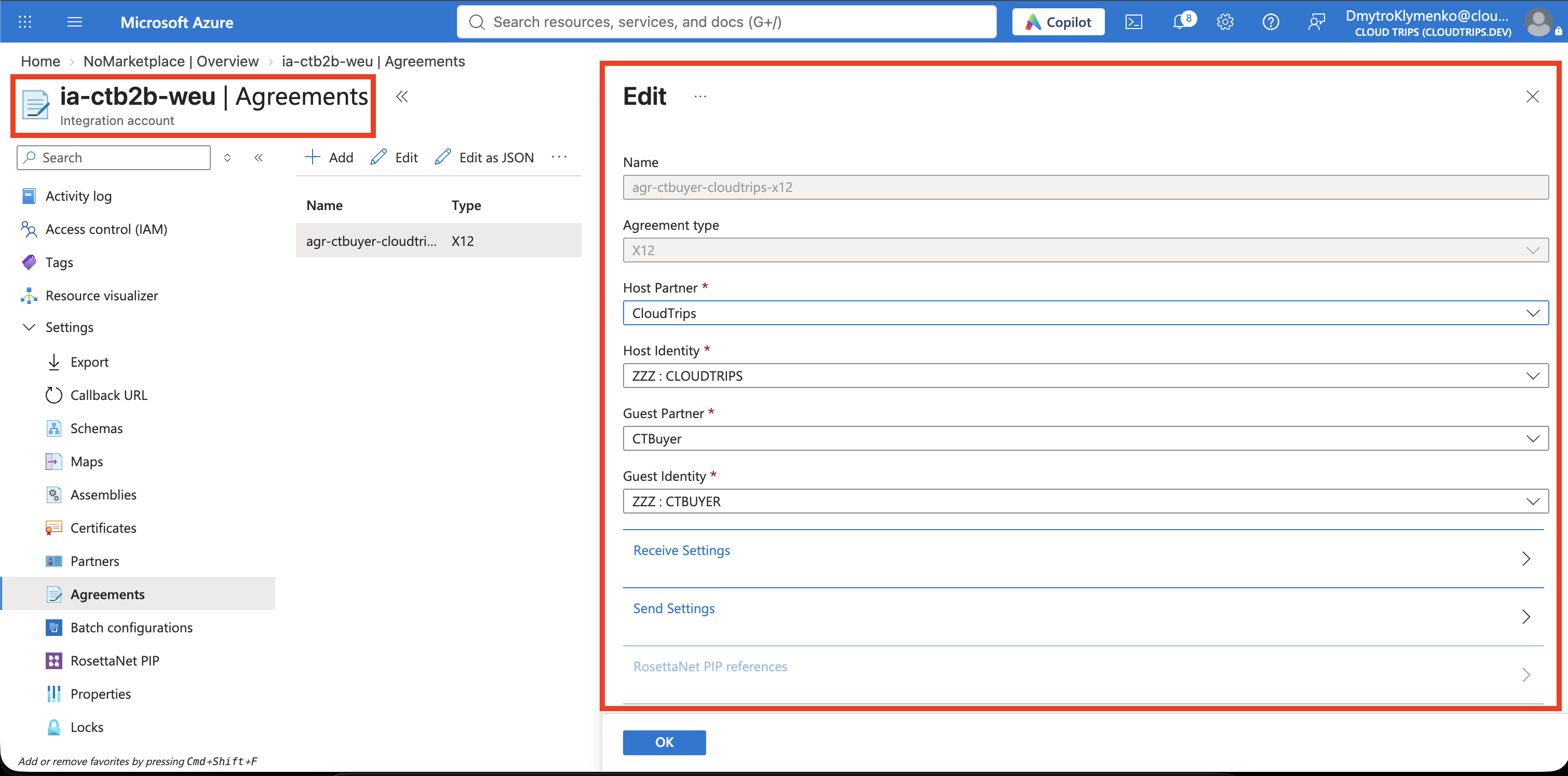 X12 agreement showing CTBuyer as sender, CloudTrips as receiver, and the purchase-order schema mapping.