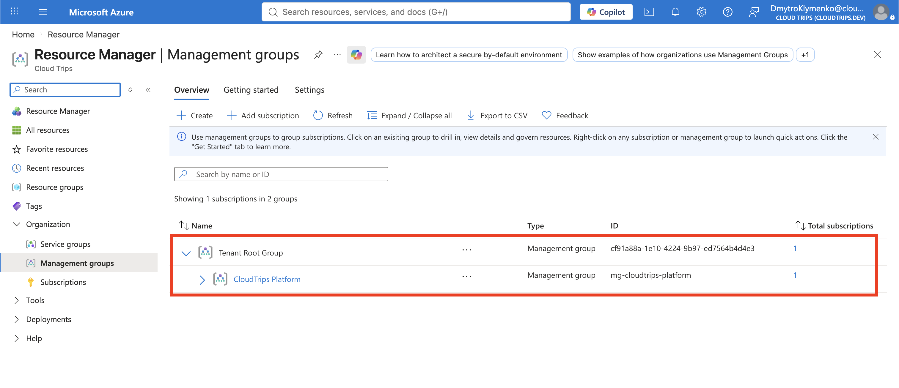 Management groups page before the CloudTrips landing-zone hierarchy is created