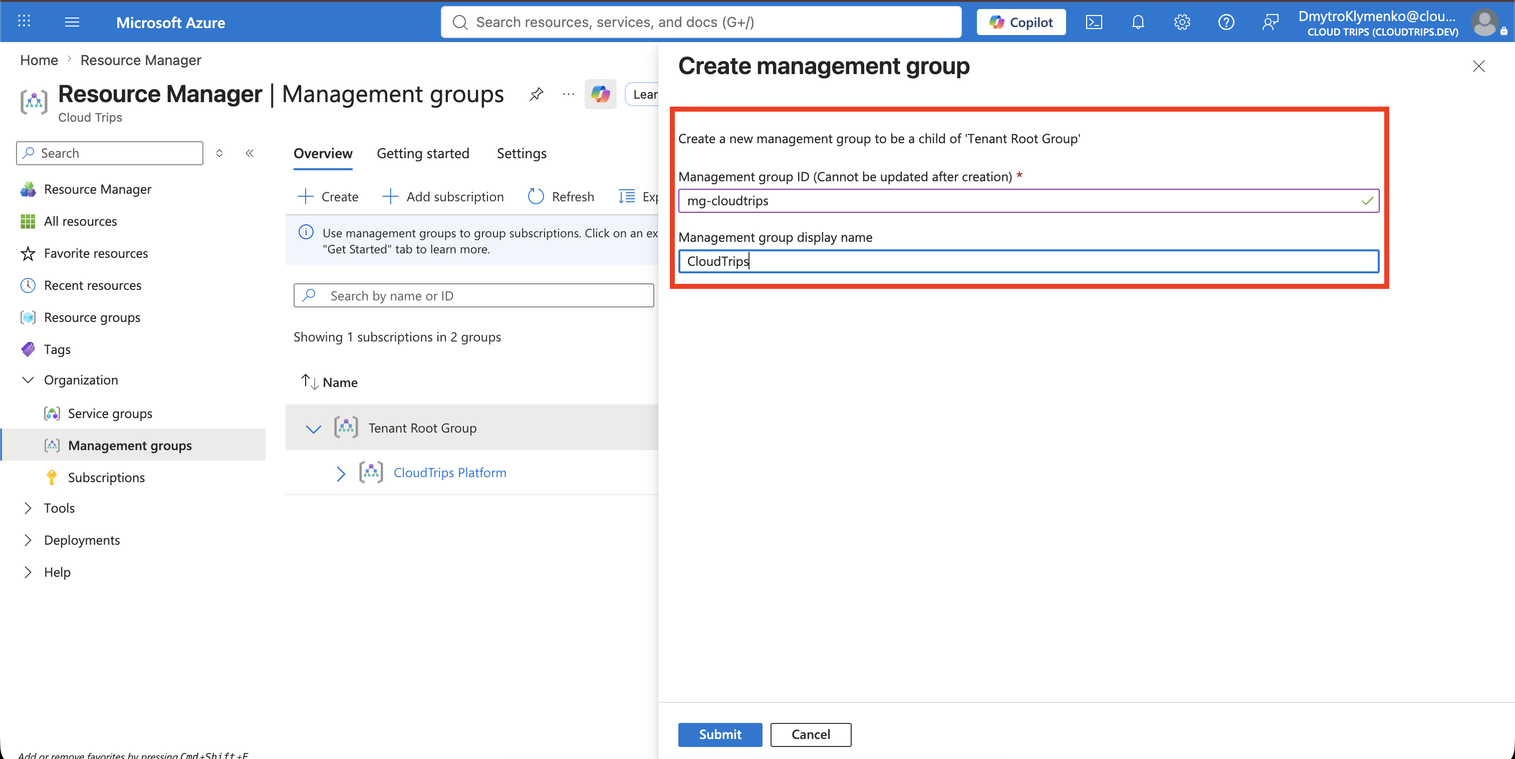 Create child group form for the CloudTrips intermediate root