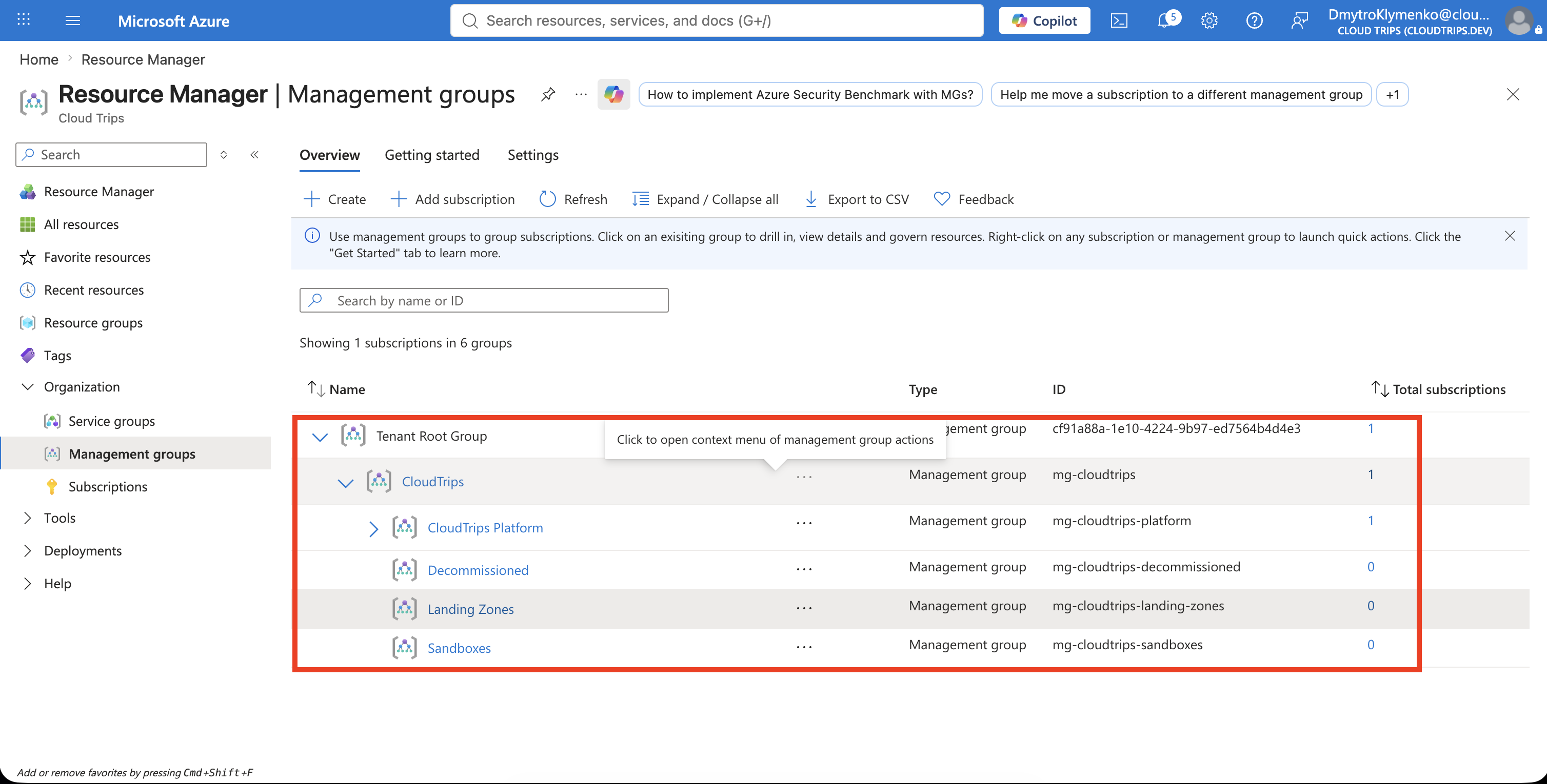 CloudTrips hierarchy showing Platform, Landing Zones, Sandboxes, and Decommissioned