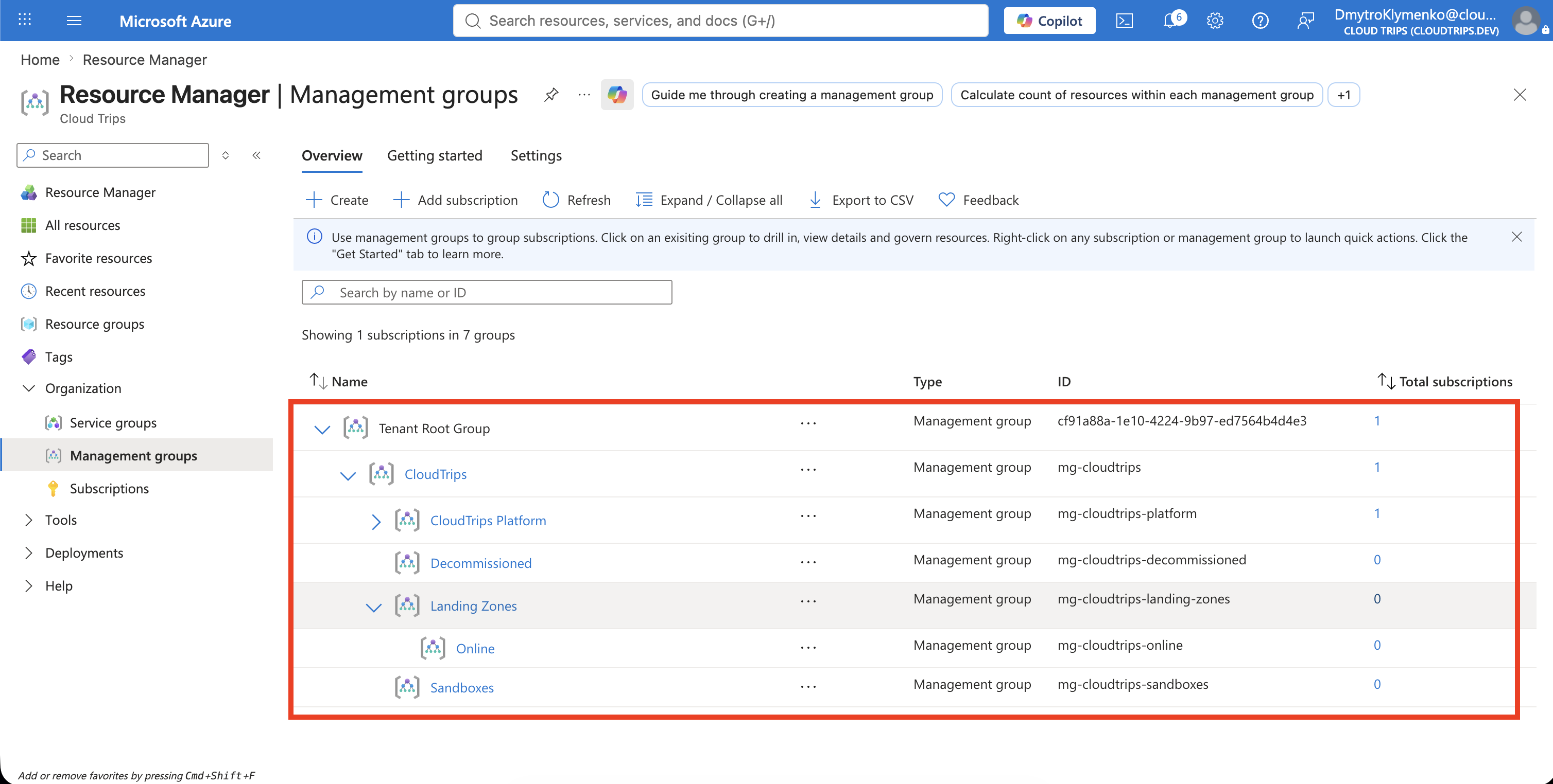 Completed CloudTrips landing-zone management-group structure