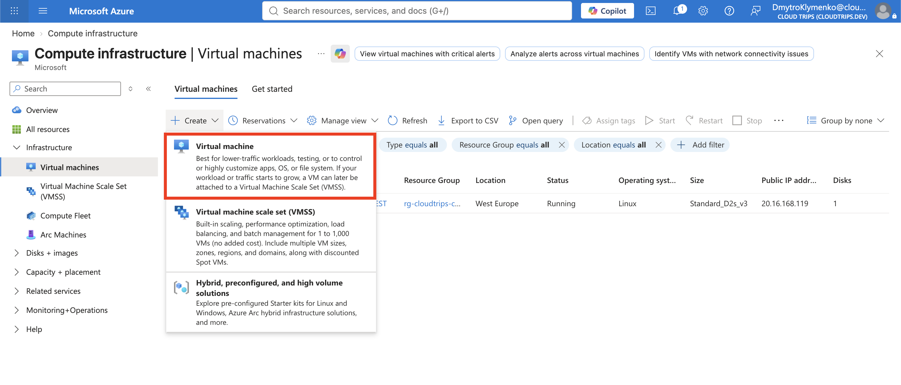 Azure-Seite Virtual machines mit der verfügbaren Aktion zum Erstellen einer Azure-VM
