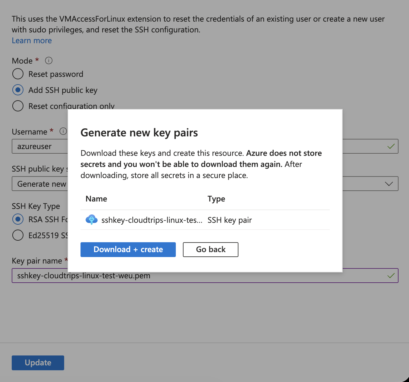 Dialog Generate new key pair mit der Aktion zum Herunterladen des privaten Schlüssels