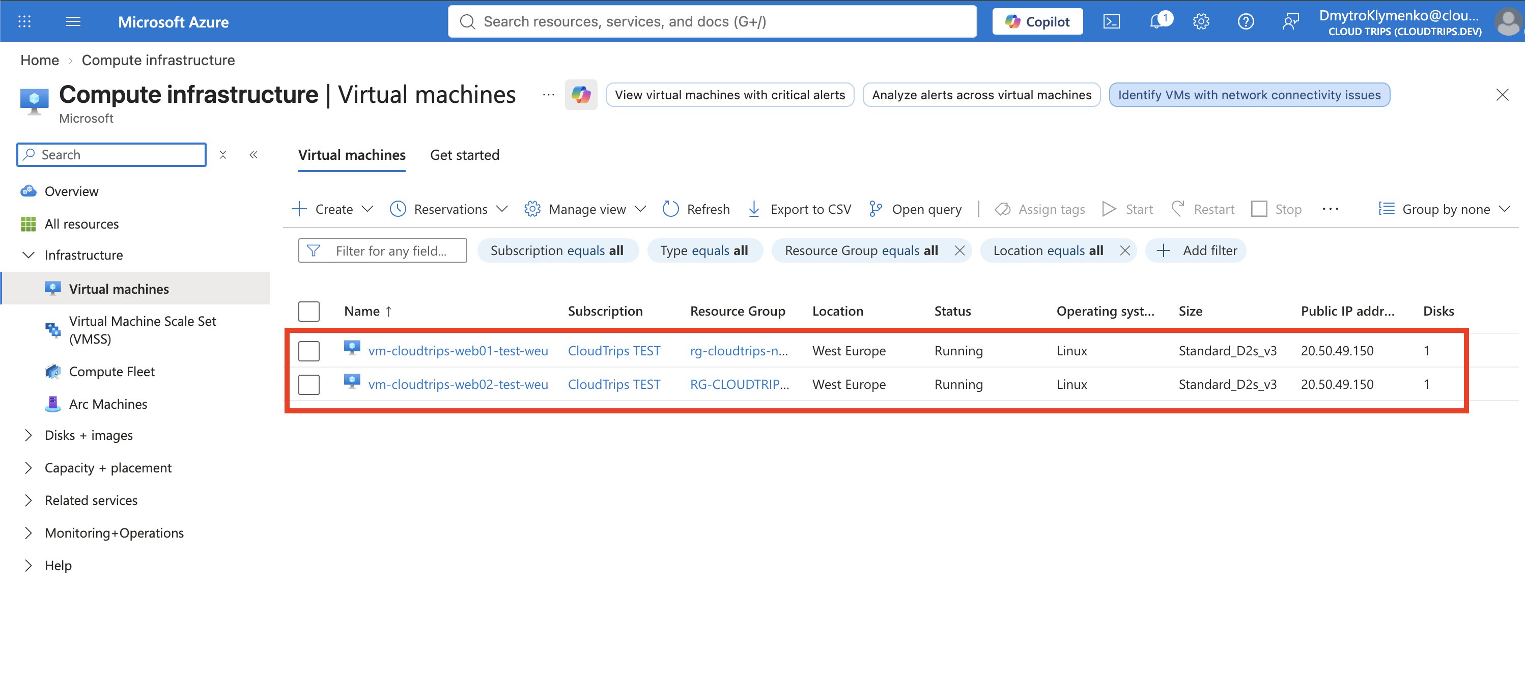 Azure-Virtual-Machines-Seite mit den beiden laufenden privaten CloudTrips-Web-Backend-VMs