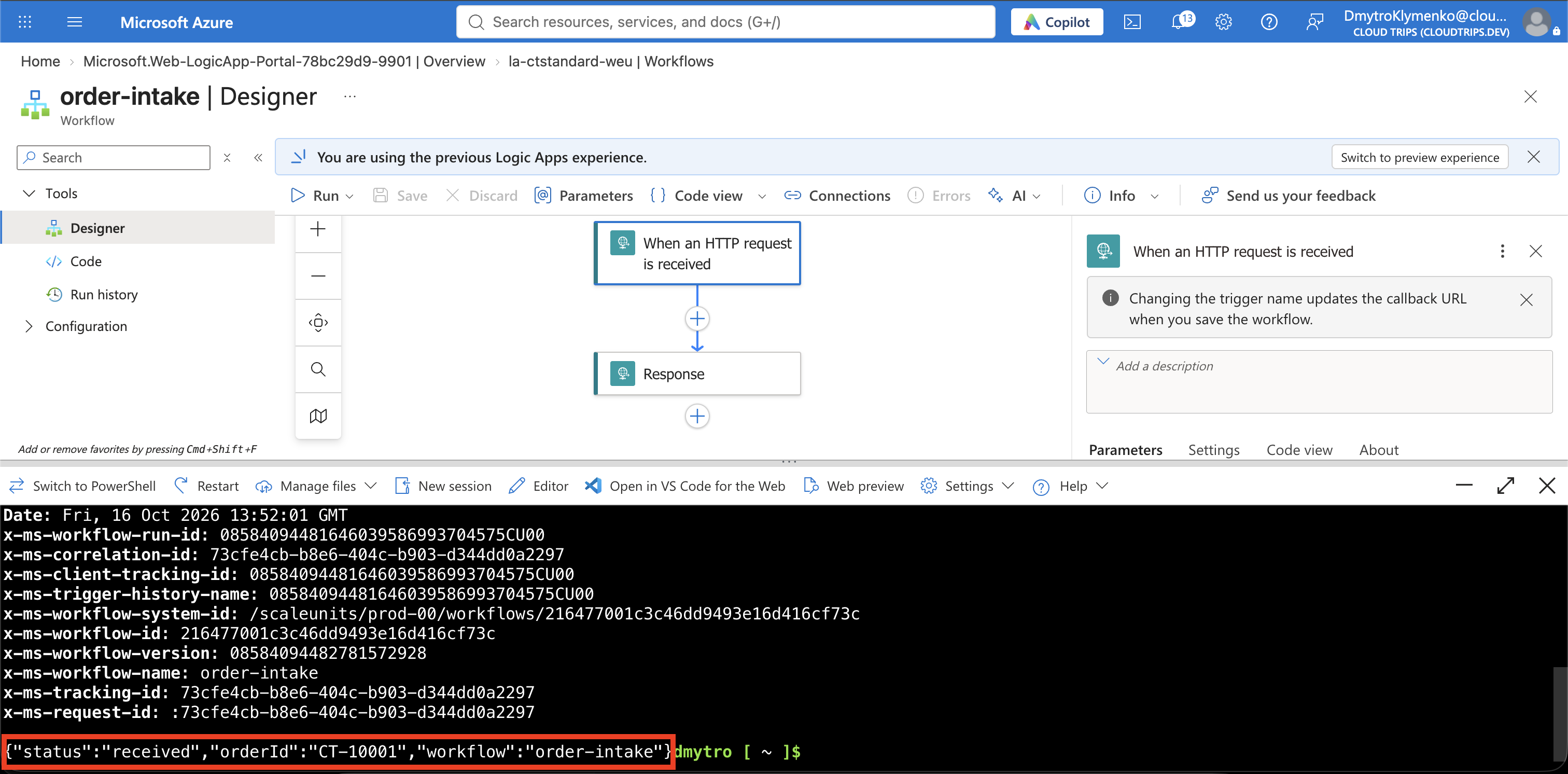 Erfolgreiche zustandsbehaftete Workflowausführung mit HTTP-Anfrage und Antwort zur Bestell-ID CT-10001.