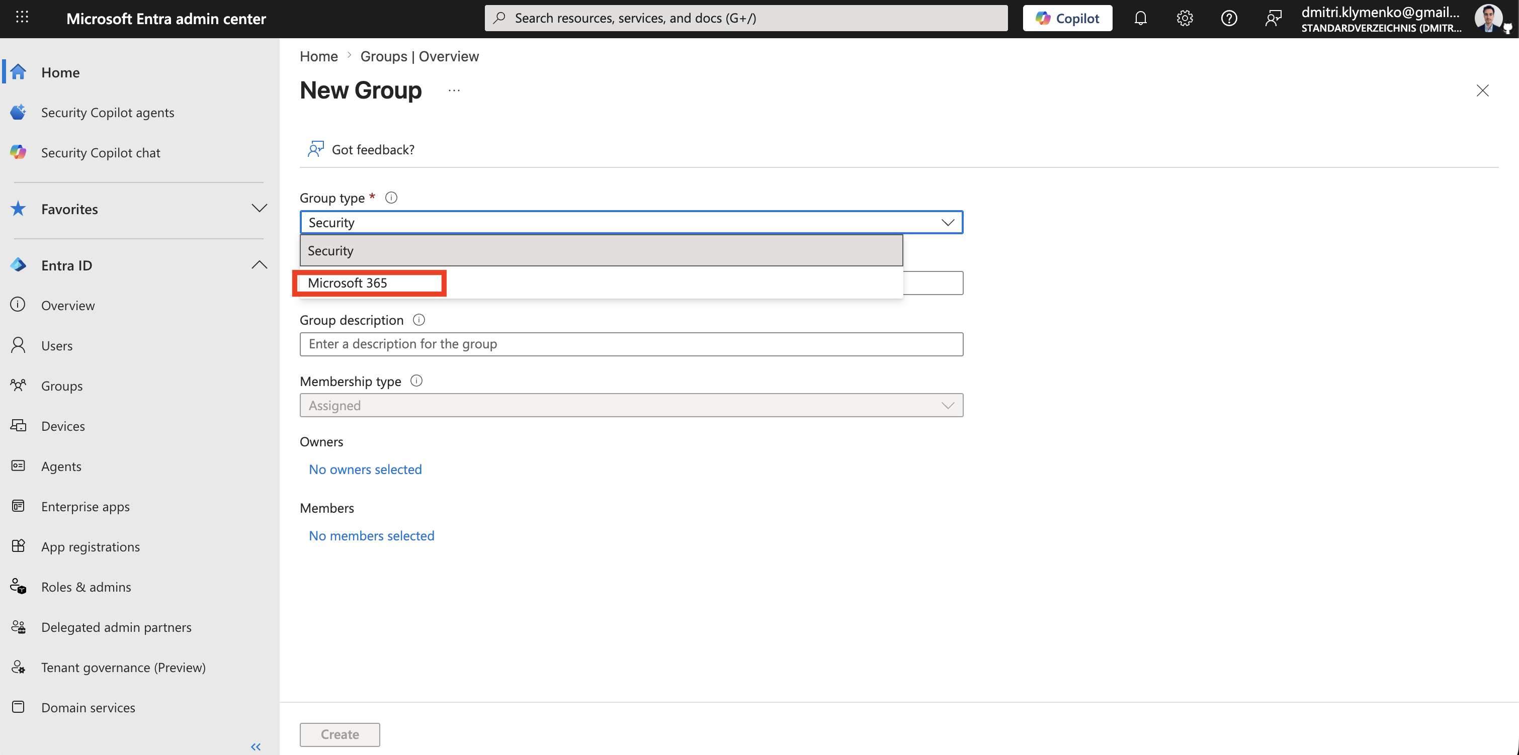 Microsoft Entra Groups overview page showing existing groups and the New group button