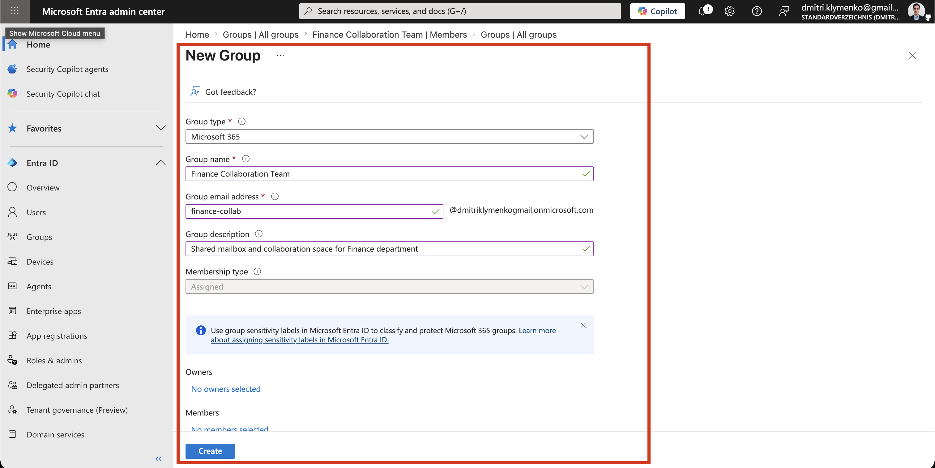 Microsoft 365 group creation form showing group type, name, email address, and description fields