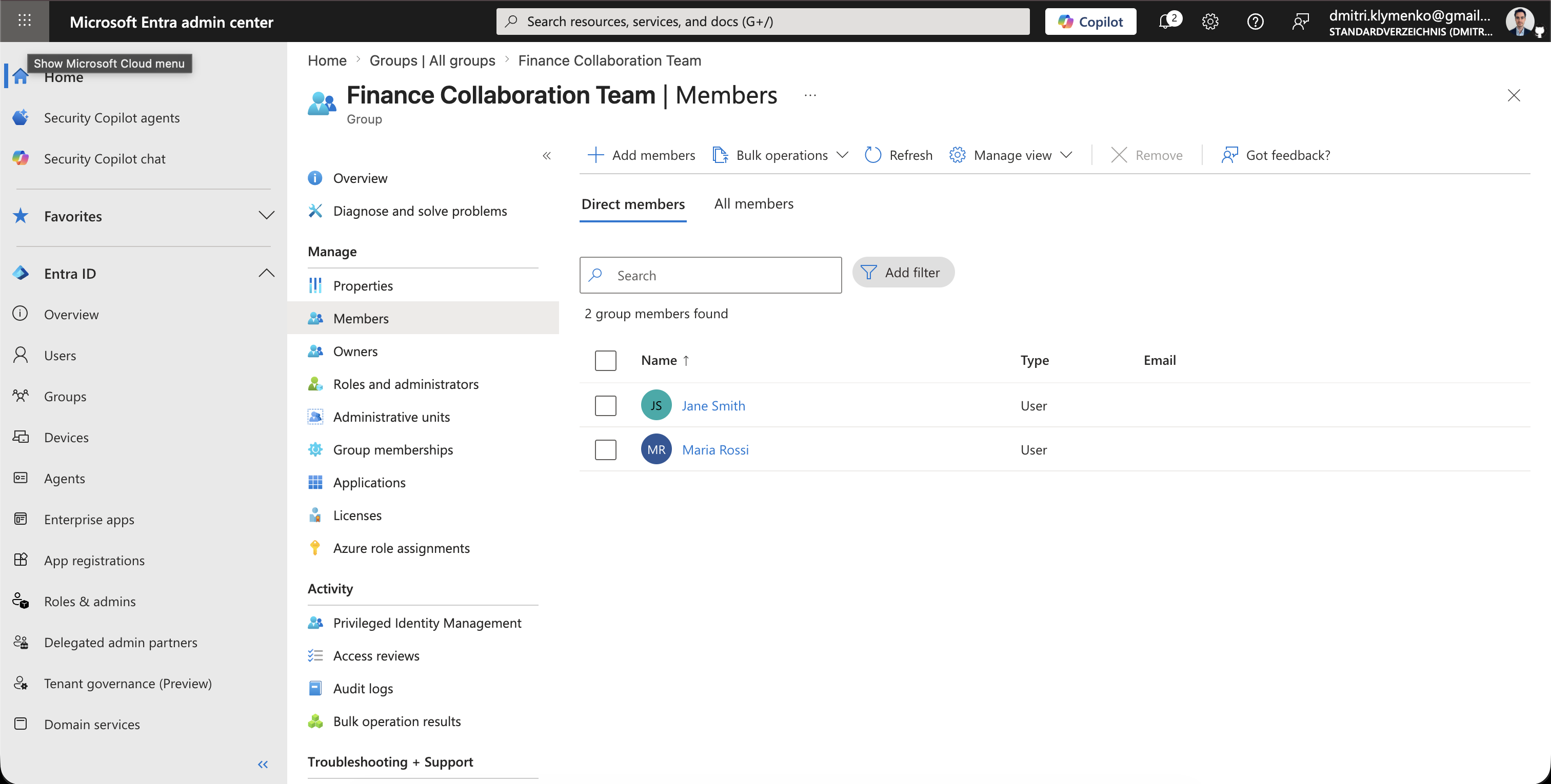 Microsoft 365 group membership screen showing users being added to the group
