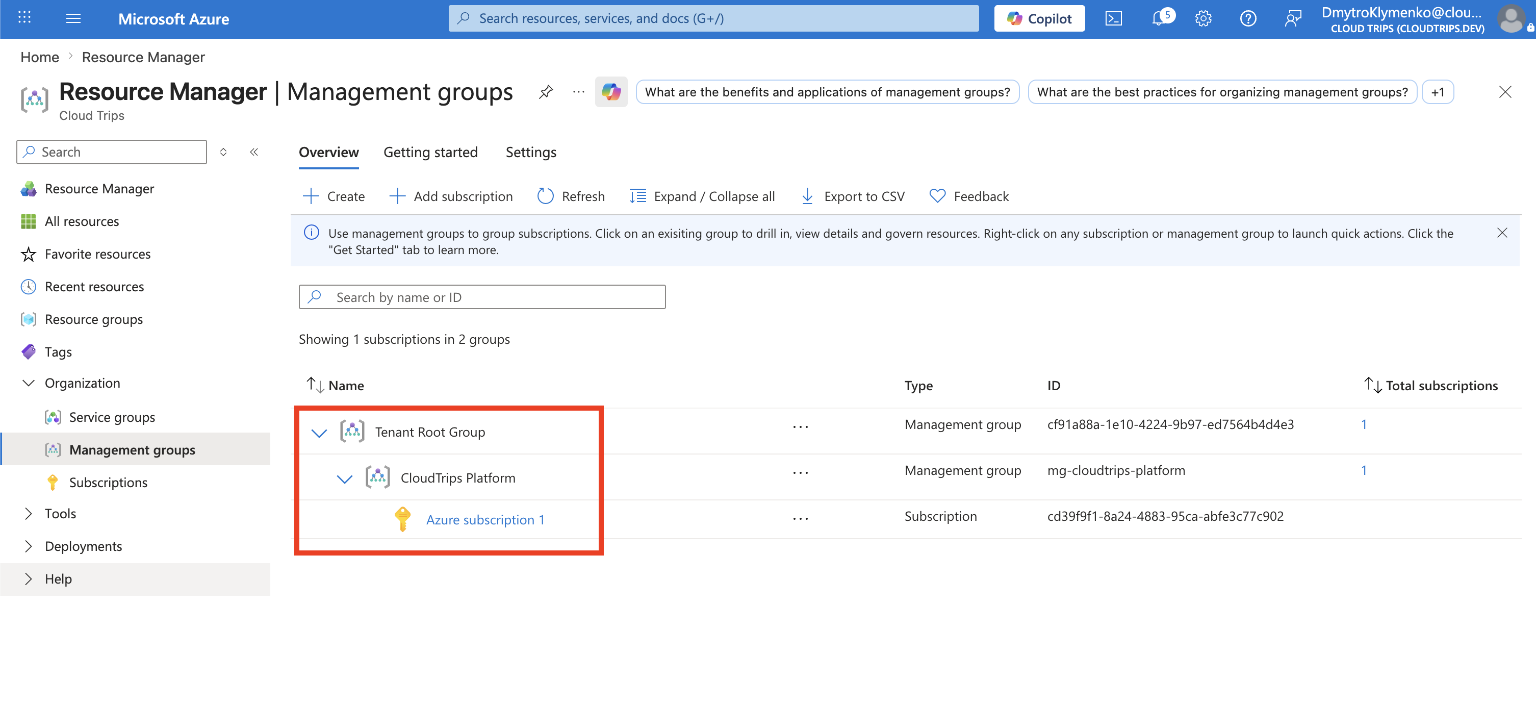 Management group hierarchy showing CloudTrips Platform under the tenant root group