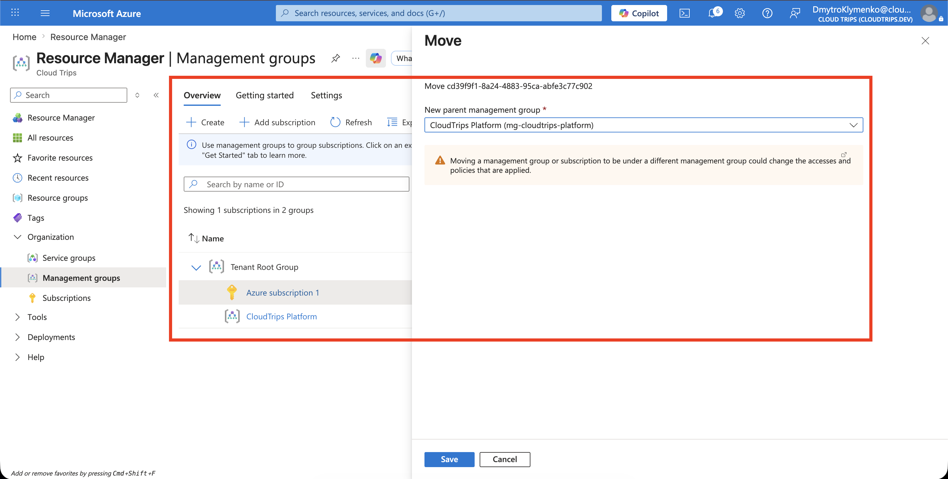 Move subscription form showing CloudTrips Platform selected as the destination management group for Azure subscription 1