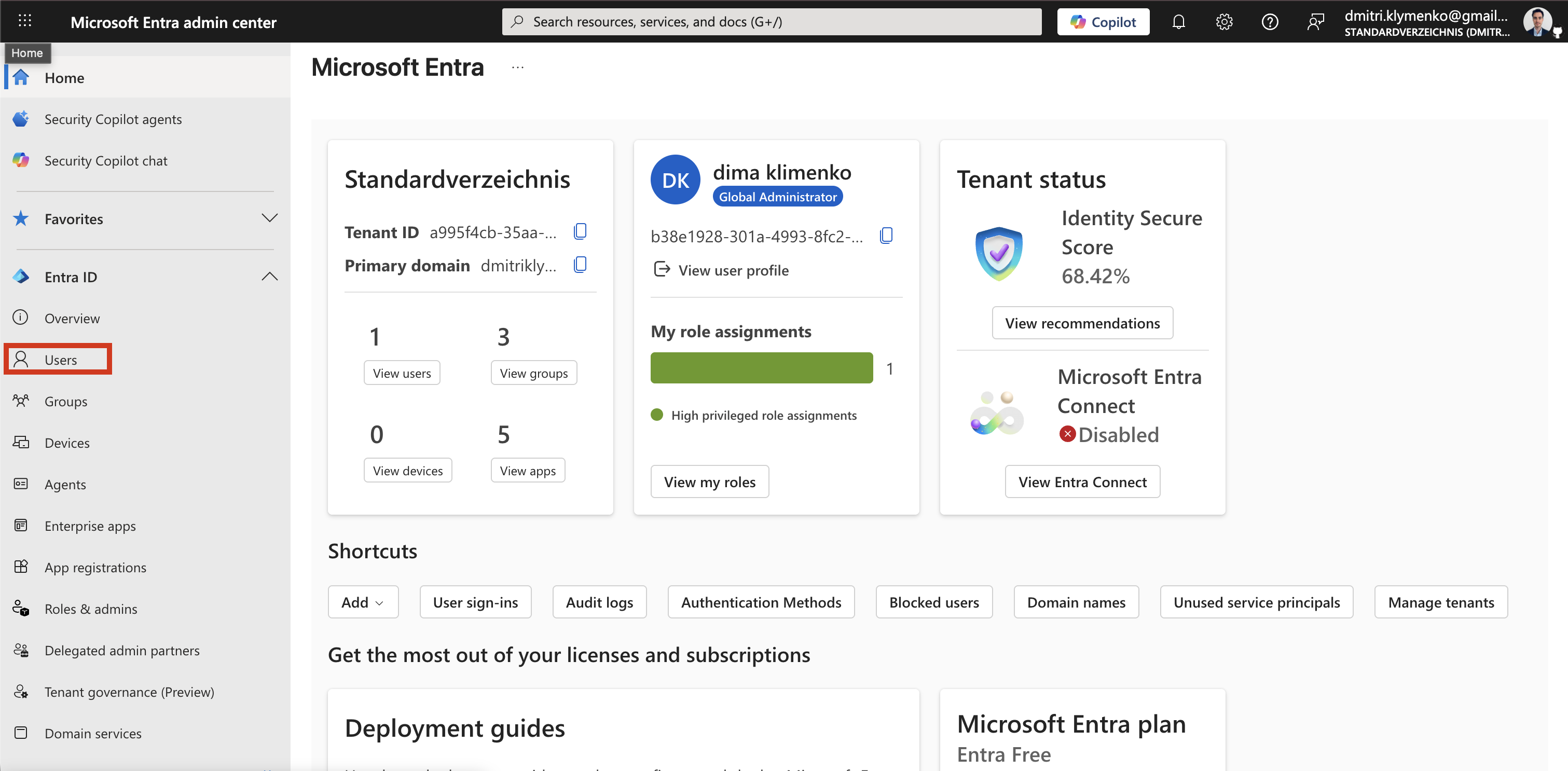 Microsoft Entra admin center overview with the Users menu item highlighted