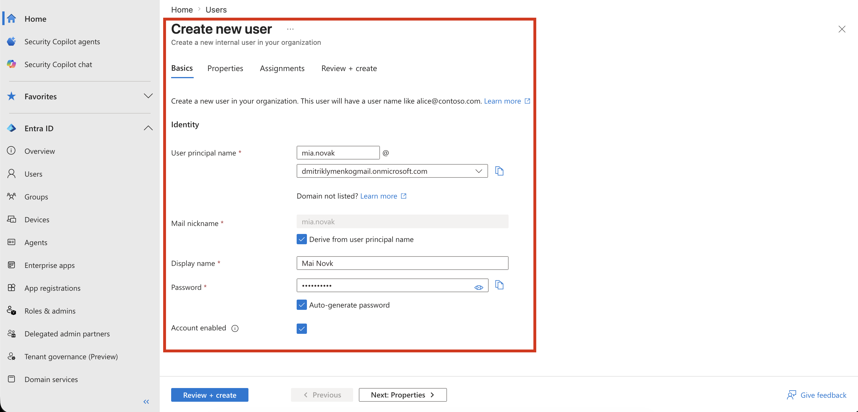Microsoft Entra Create new user form with demo values filled in