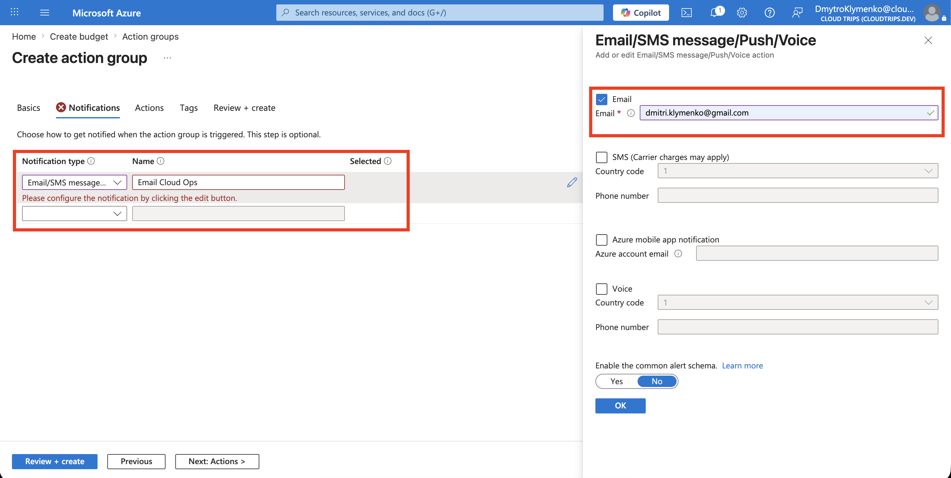 Action-Group-Formular für CloudTrips-Budgetbenachrichtigungen per E-Mail
