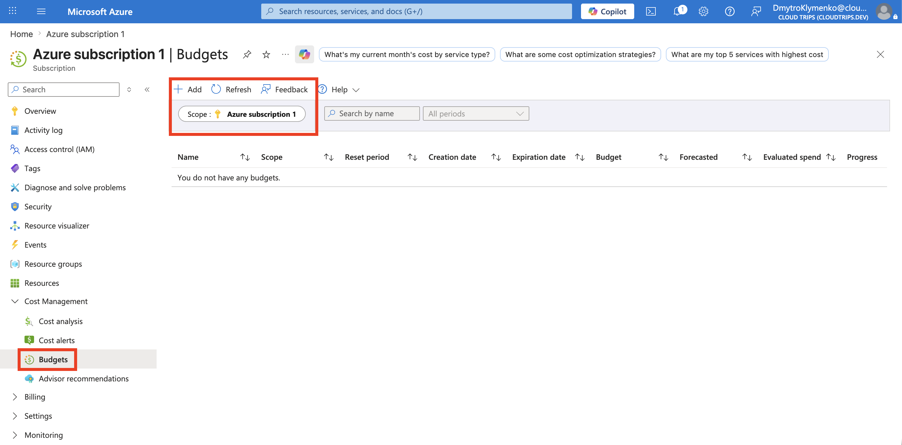 Budgets für Azure subscription 1 mit sichtbarer Add-Aktion
