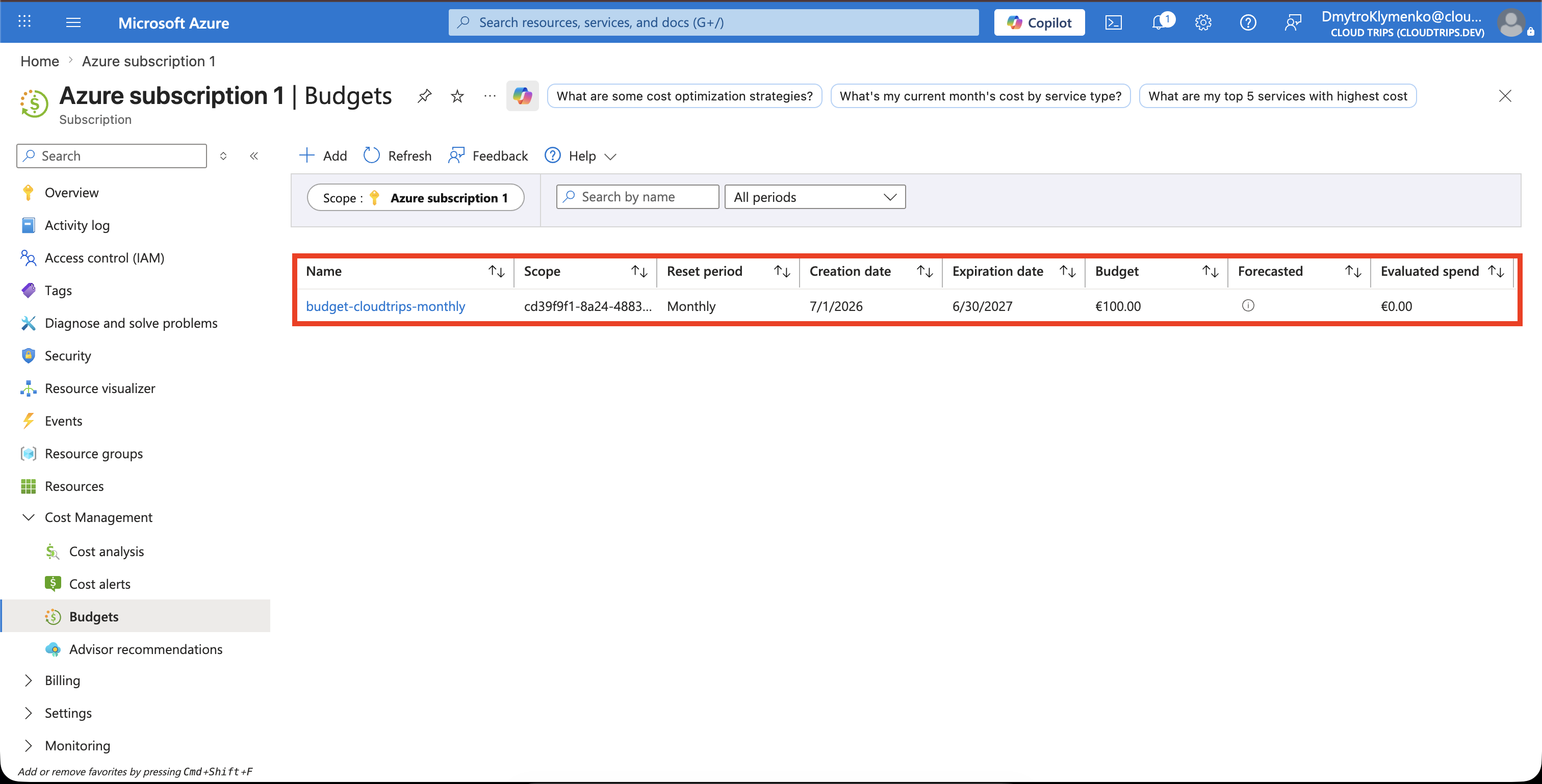 Budgetliste mit budget-cloudtrips-monthly und aktuellen Ausgaben im Verhältnis zum Monatsbetrag