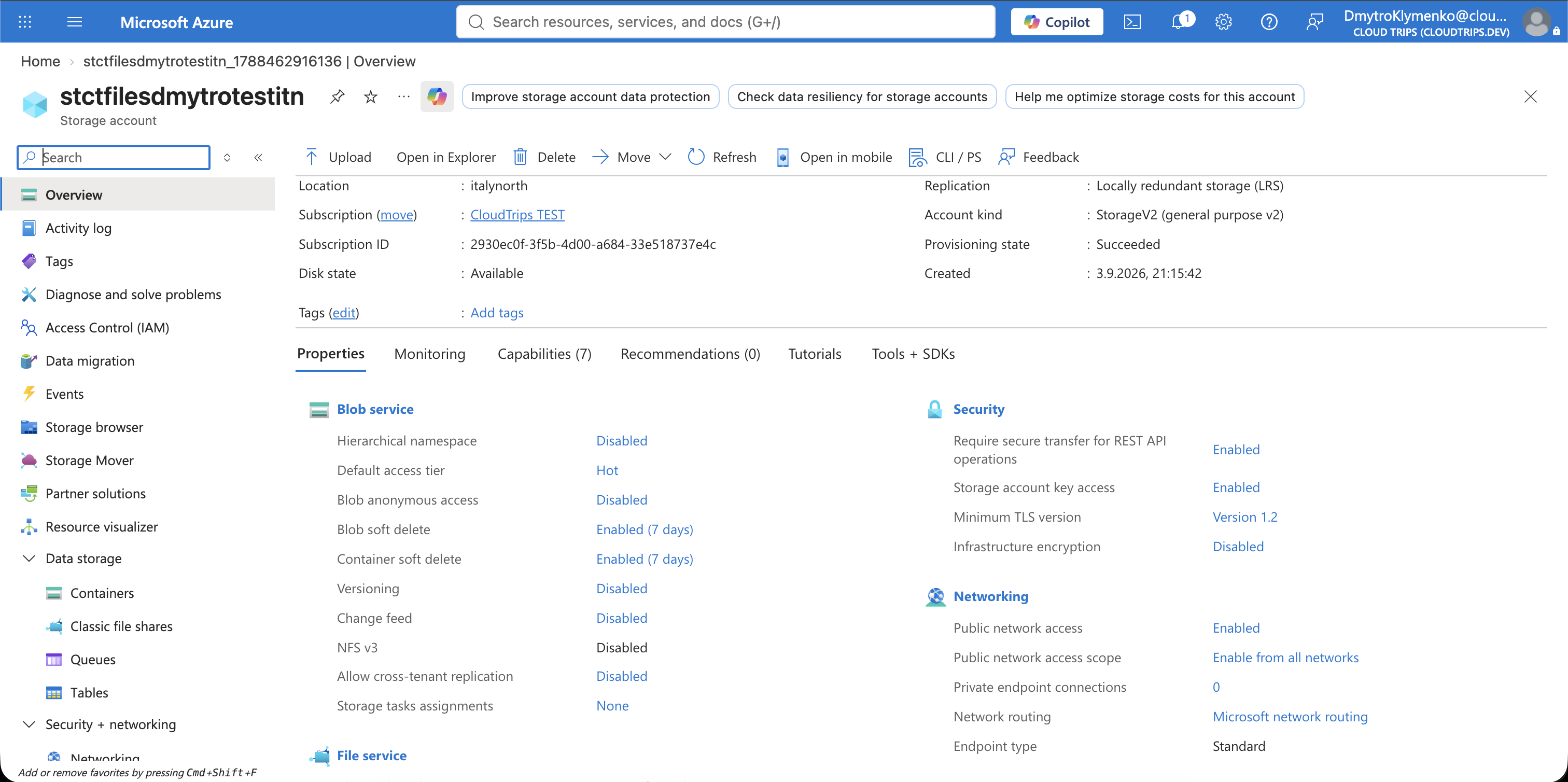 Storage account overview for the standalone Azure Files lab