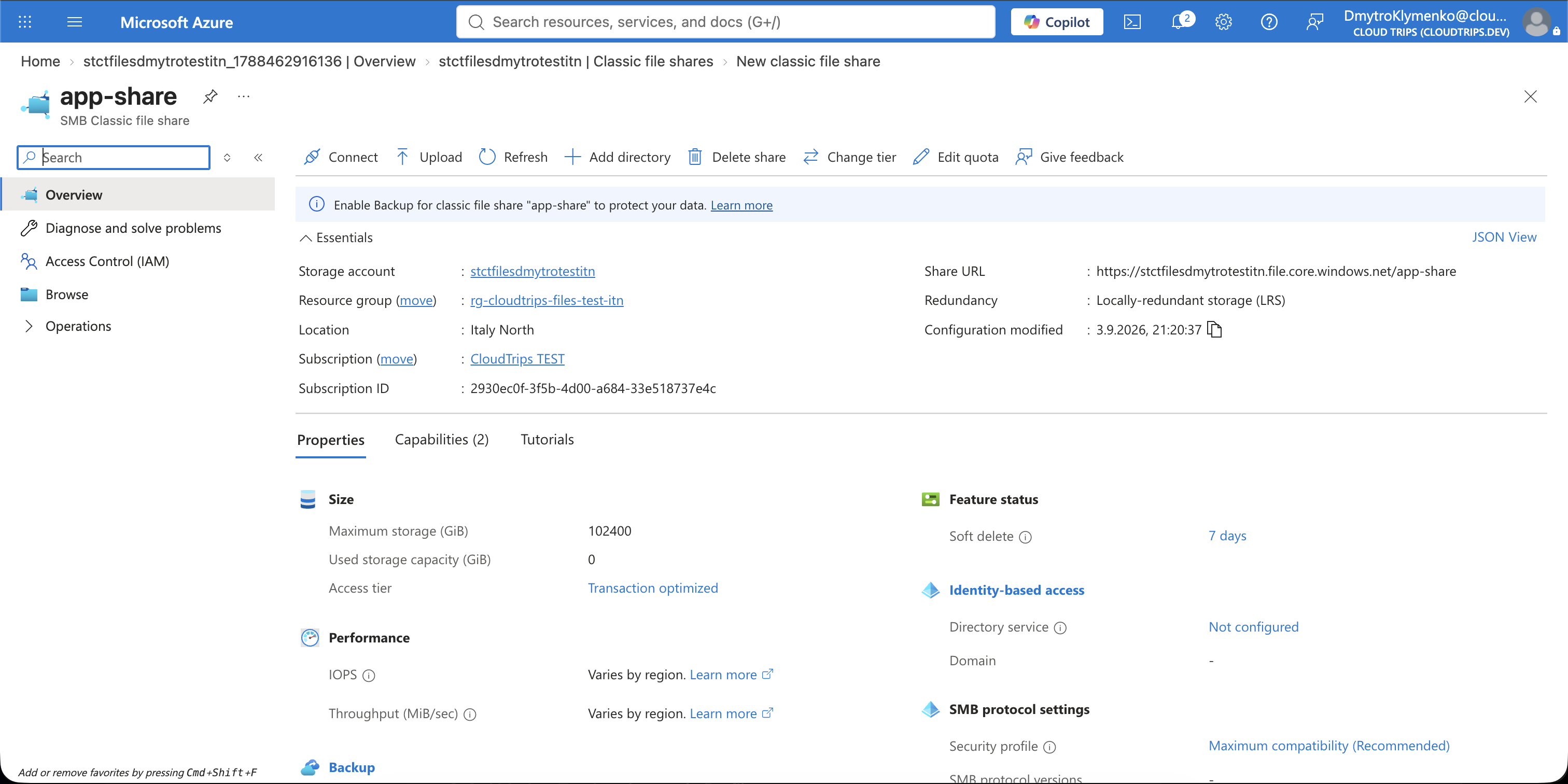 Azure Files page showing the private SMB file share app-share